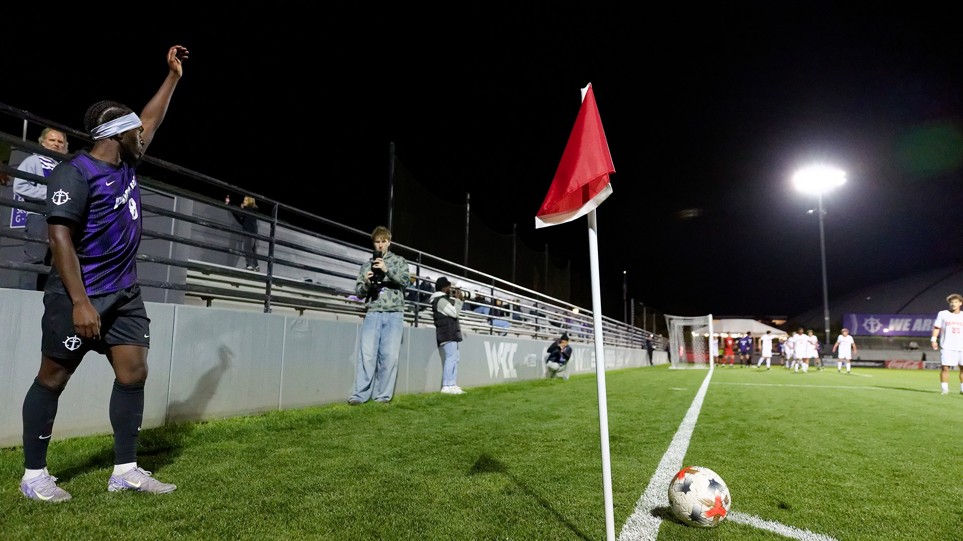 Efetobo Aror sets up for the corner kick against Denver.