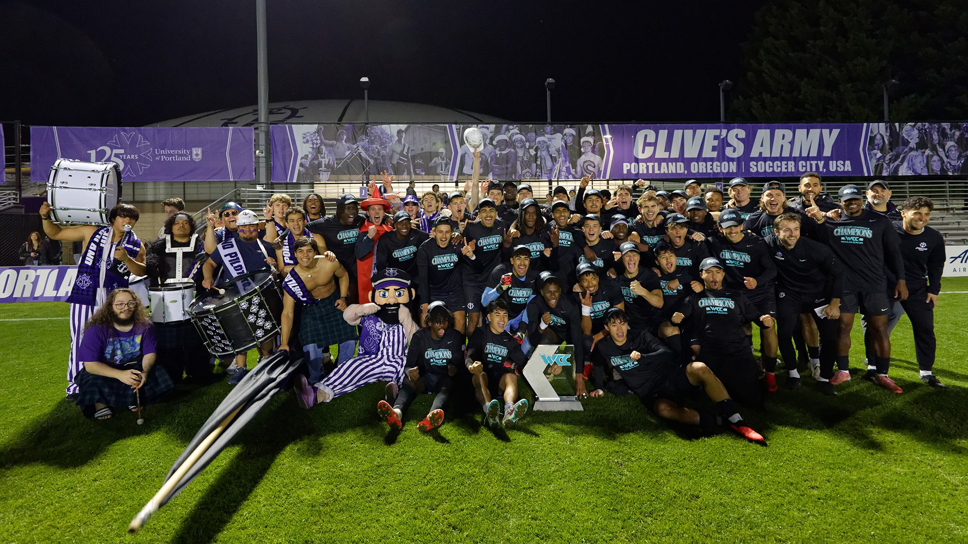 The Pilots gather together after winning the WCC regular season title.
