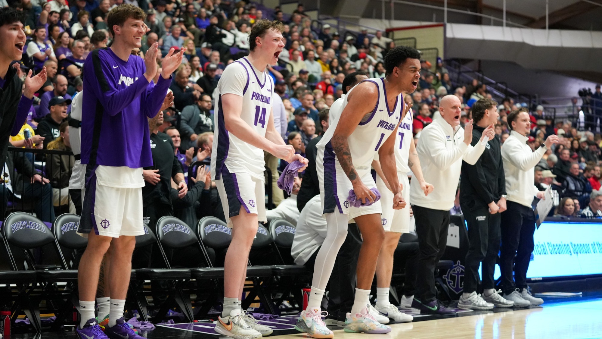 Portland's bench erupts late in the team's upset win against No. 6 Gonzaga at Chiles Center.