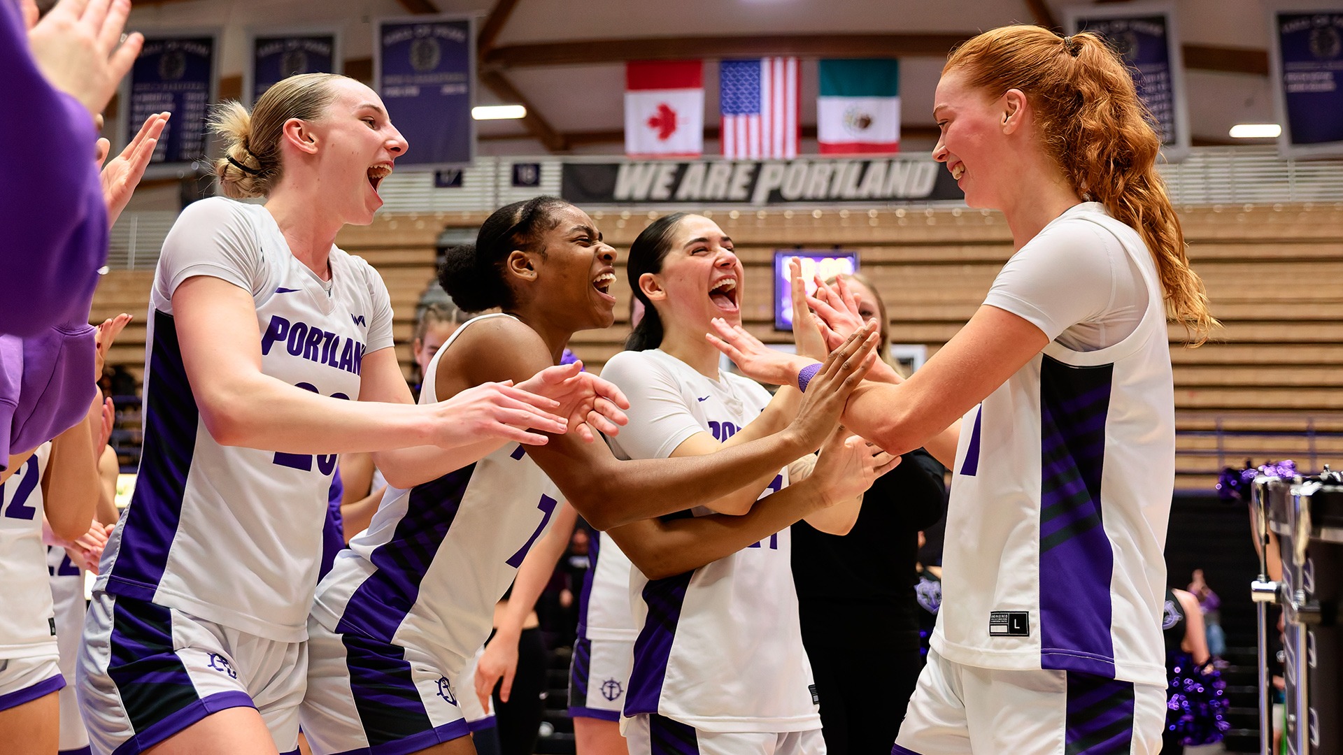 PORTLAND, OR - February 07, 2026 - Forward Lainey Spear #20, Guard Tiffany Barbosa #7, Guard Nicole Anderson #17, Guard Florence Dallow #3 during the game between the University of Portland Pilots and Oregon State University Beavers at Chiles Center in Portland, OR.