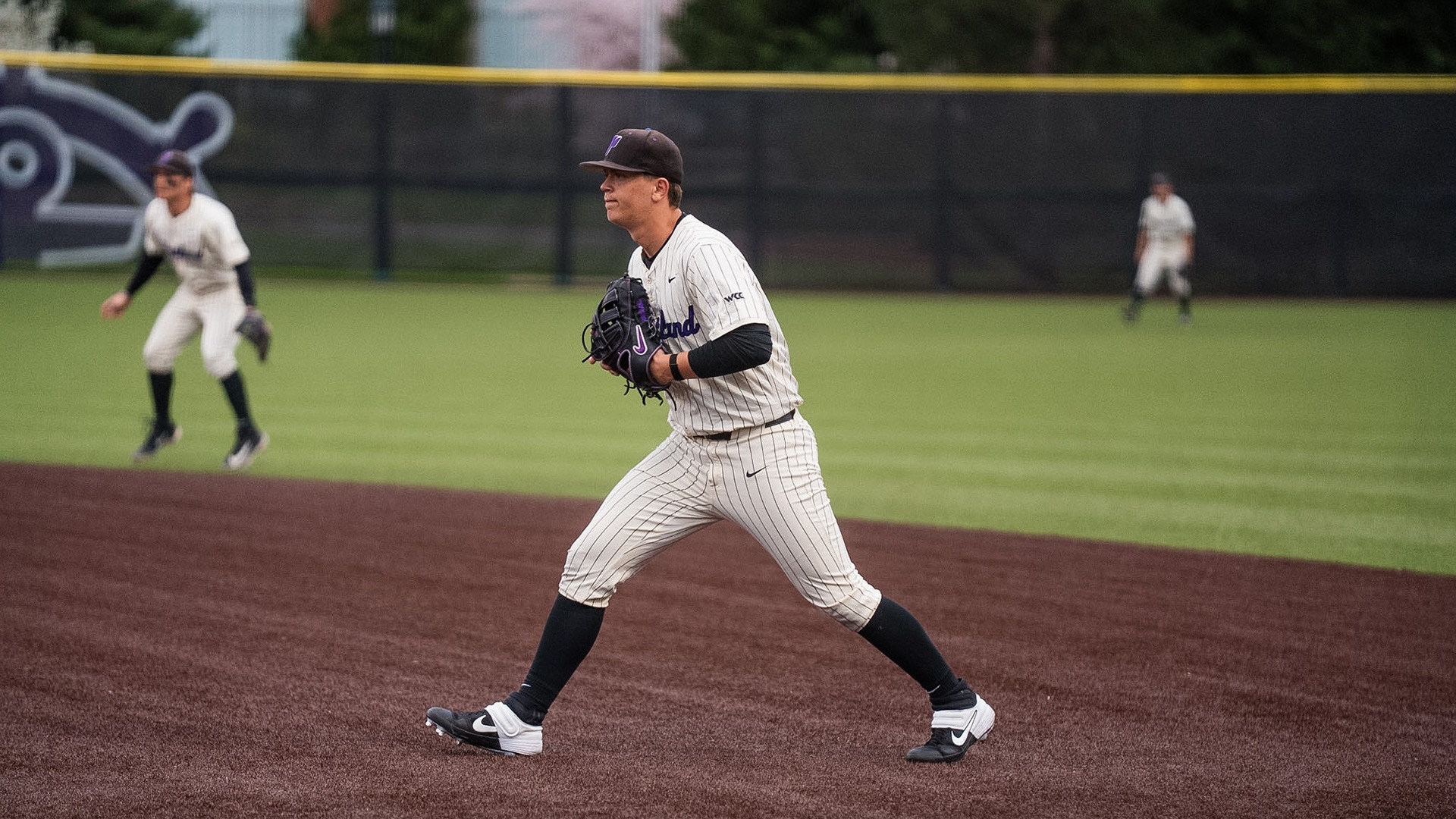 Trey Swygart ready at first base.