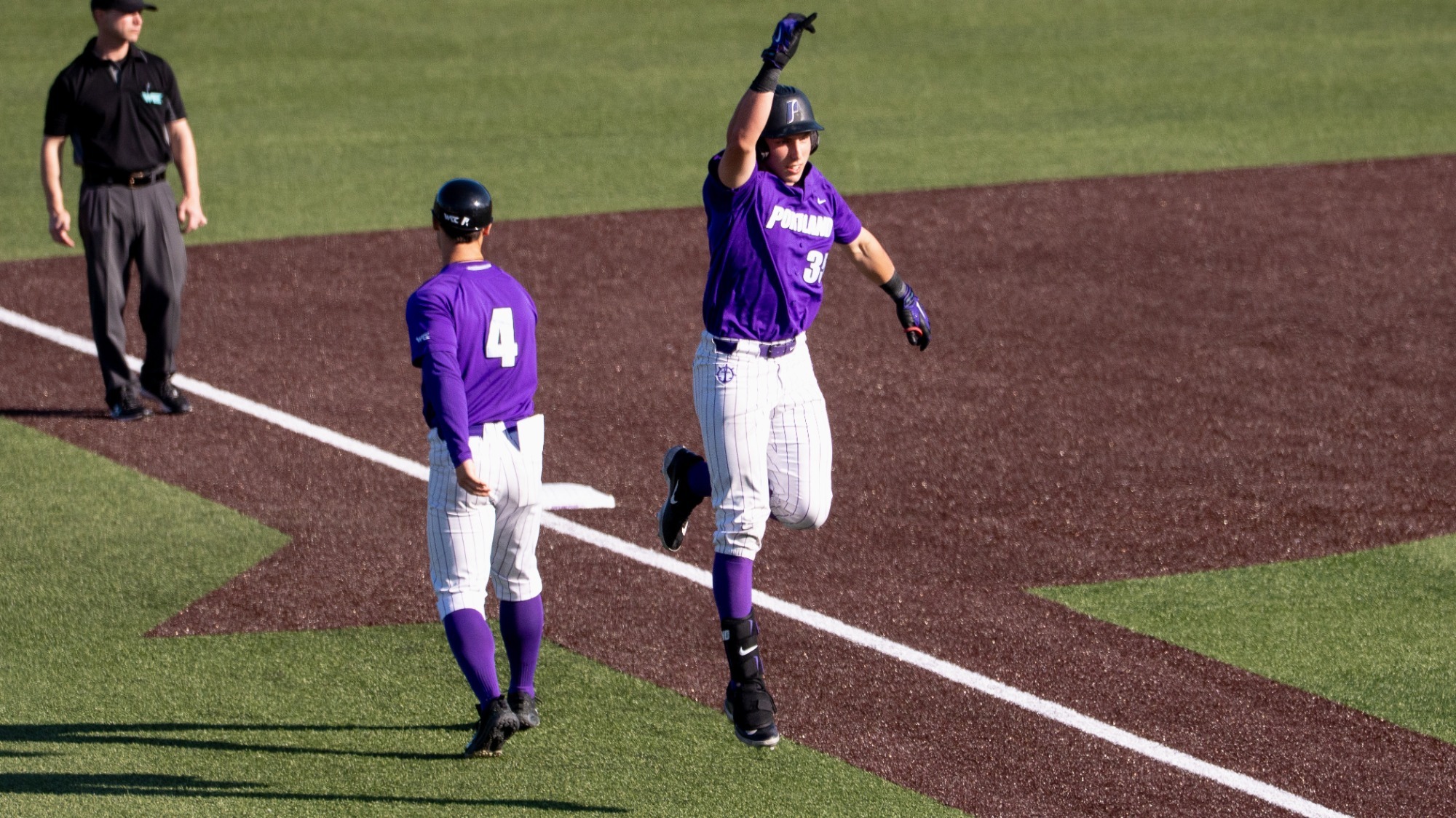 Carter Stewart rounds third and celebrates his first career home run in an 8-5 win against Saint Mary's on March 28, 2026.