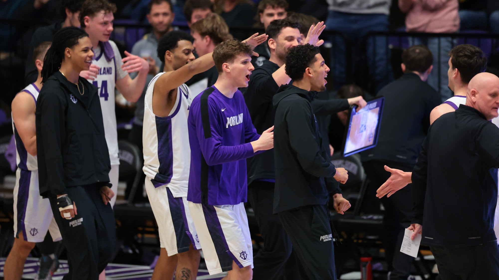 Portland's bench celebrates during a timeout in a home win versus San-Diego.