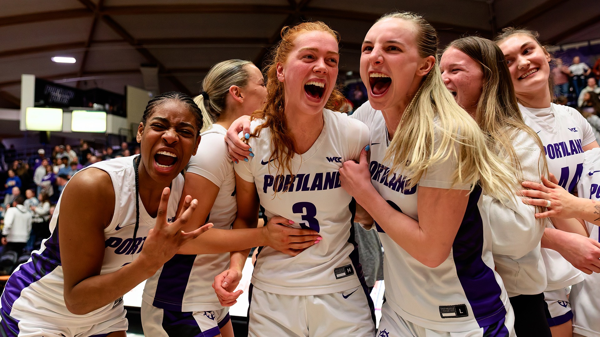 The Pilots celebrating their win over Gonzaga.