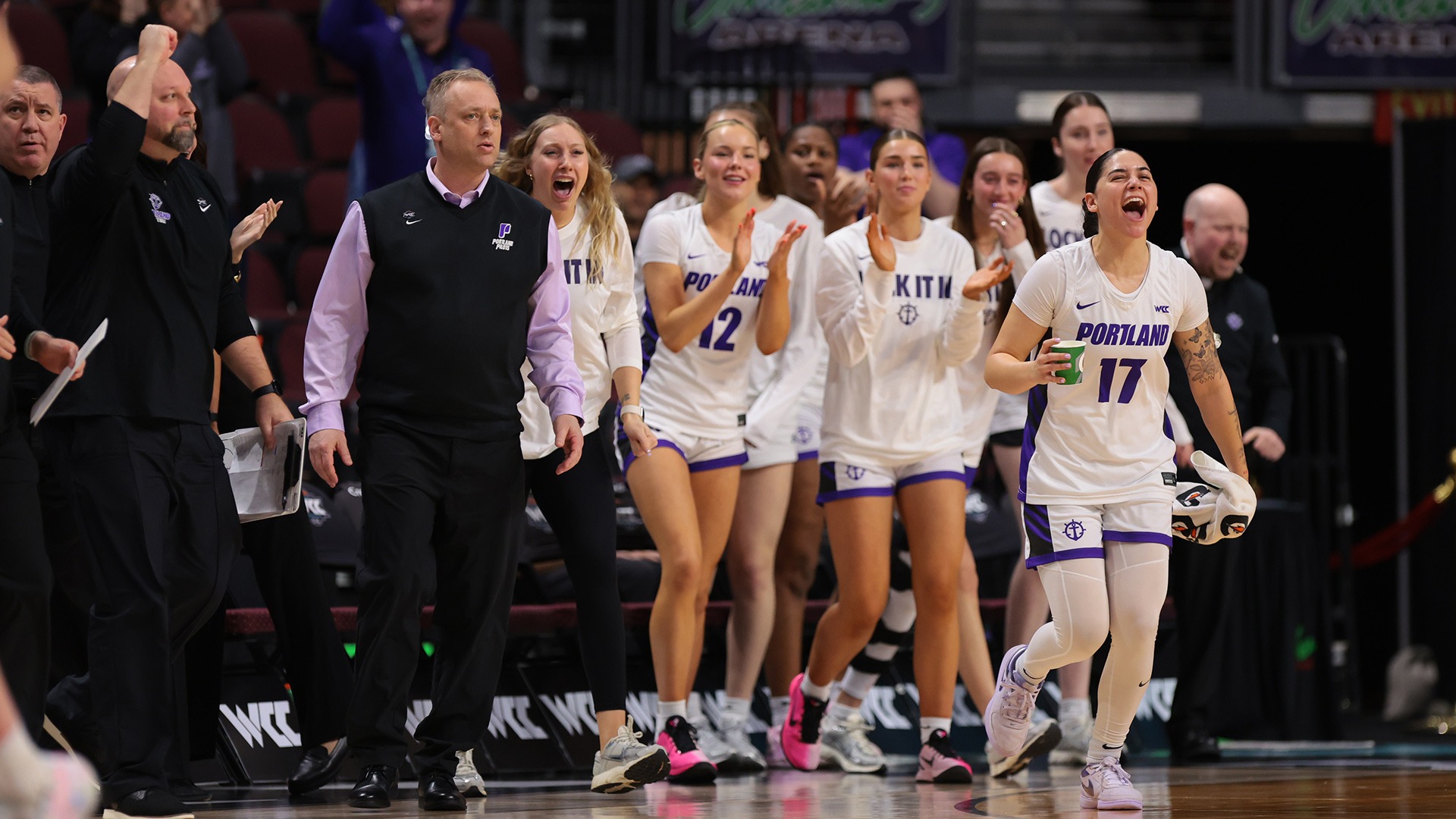The Pilots celebrate a string of great plays against Washington State in Las Vegas.