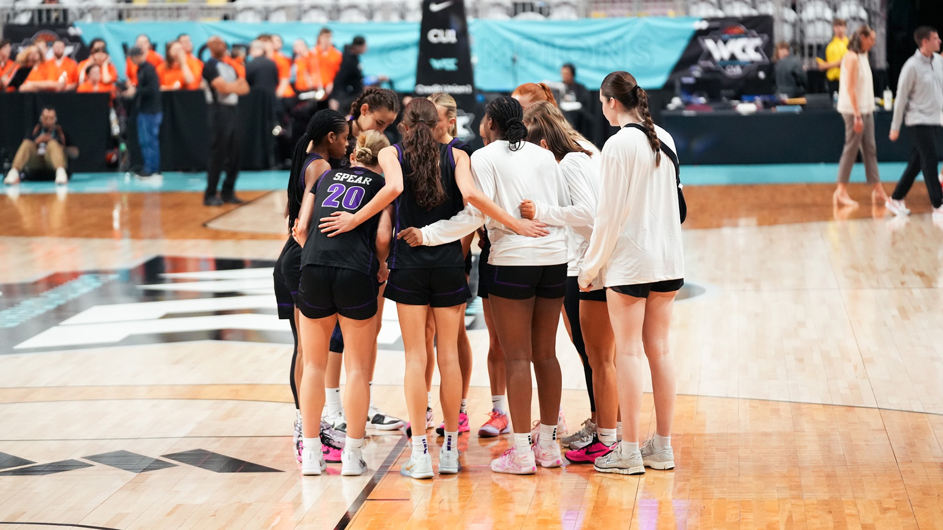 The Pilots huddle up in the middle of the championship game against Oregon State.