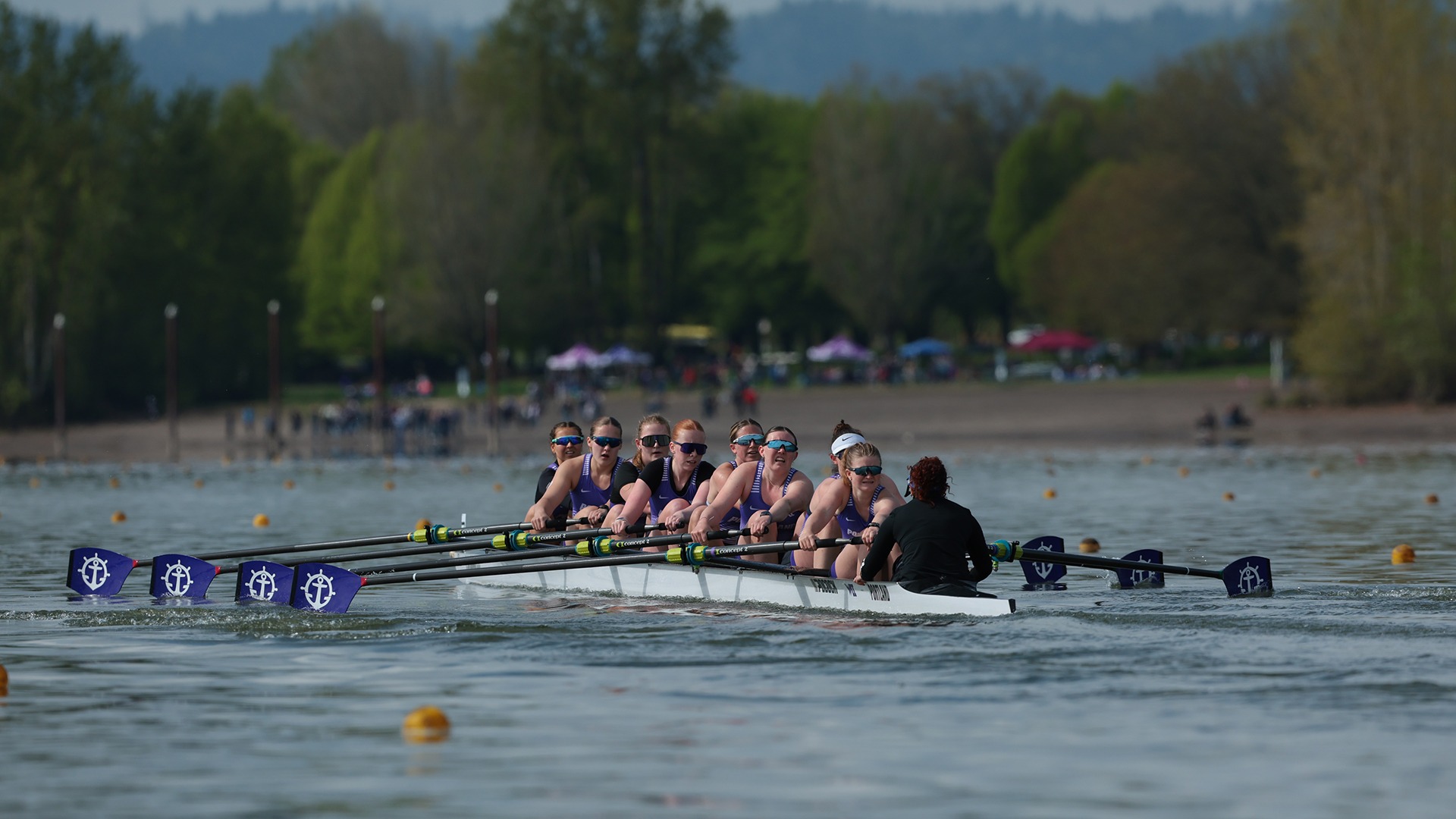 The varsity eight at the Portland Invite on Vancouver Lake.