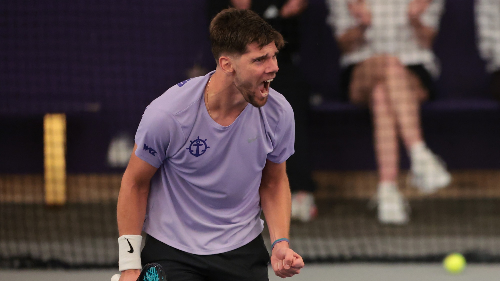Nikola Keremedchiev celebrates after winning his singles match against Gonzaga at Louisiana-Pacific Tennis Center.