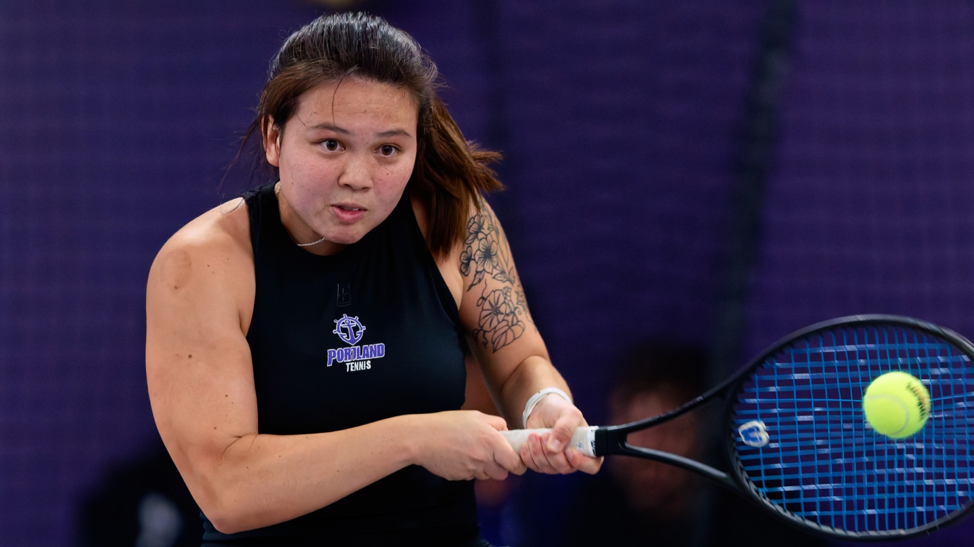 Kylie Canubida hits a backhand during a home match vs. Seattle U on April 18, 2026