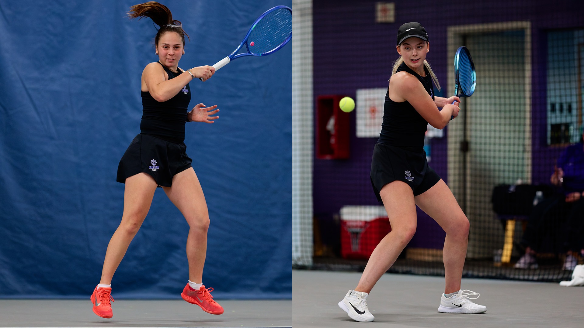 Side by side action photos of Alaia Rubio Perez and Meagan Pearson during a home match against Seattle U.