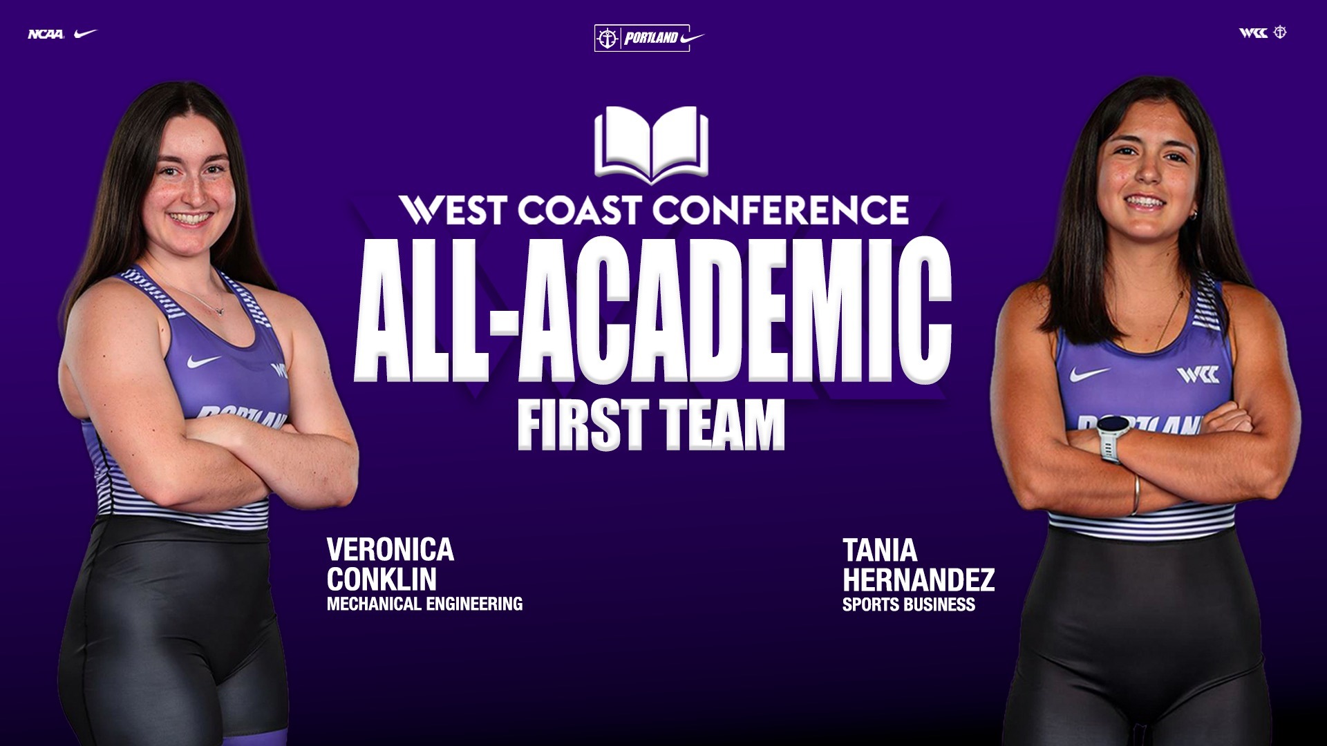 Veronica Conklin and Tania Hernandez posed shots for All-WCC Academic graphic.