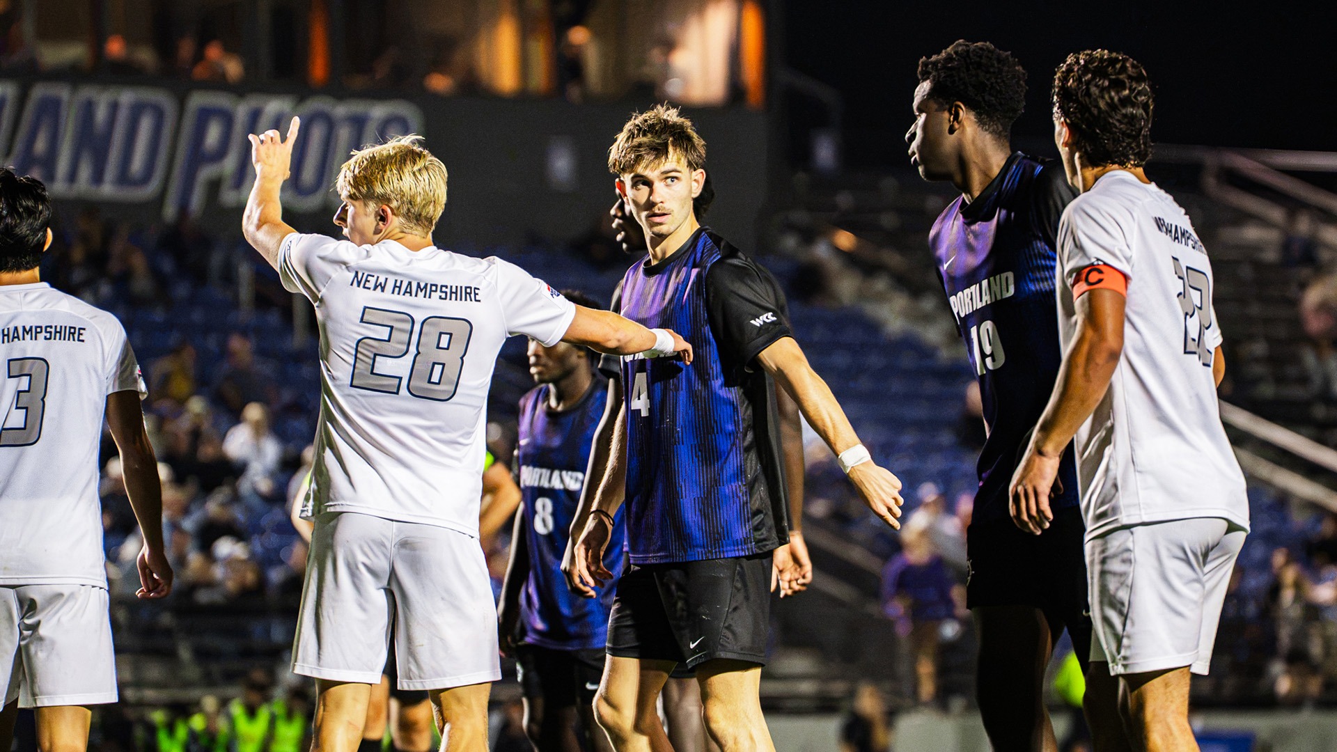Michael Dunne gets ready to defend a set piece against New Hampshire.
