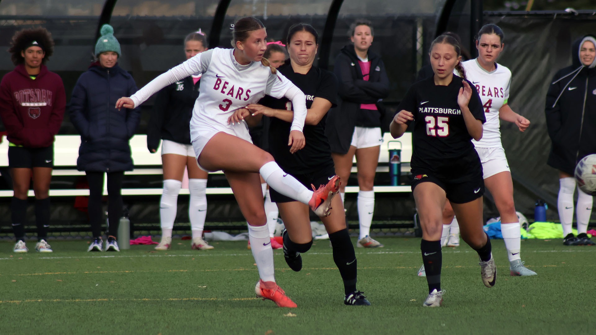 Abby Rudolph kicks the ball against Plattsburgh on 10/22/25.