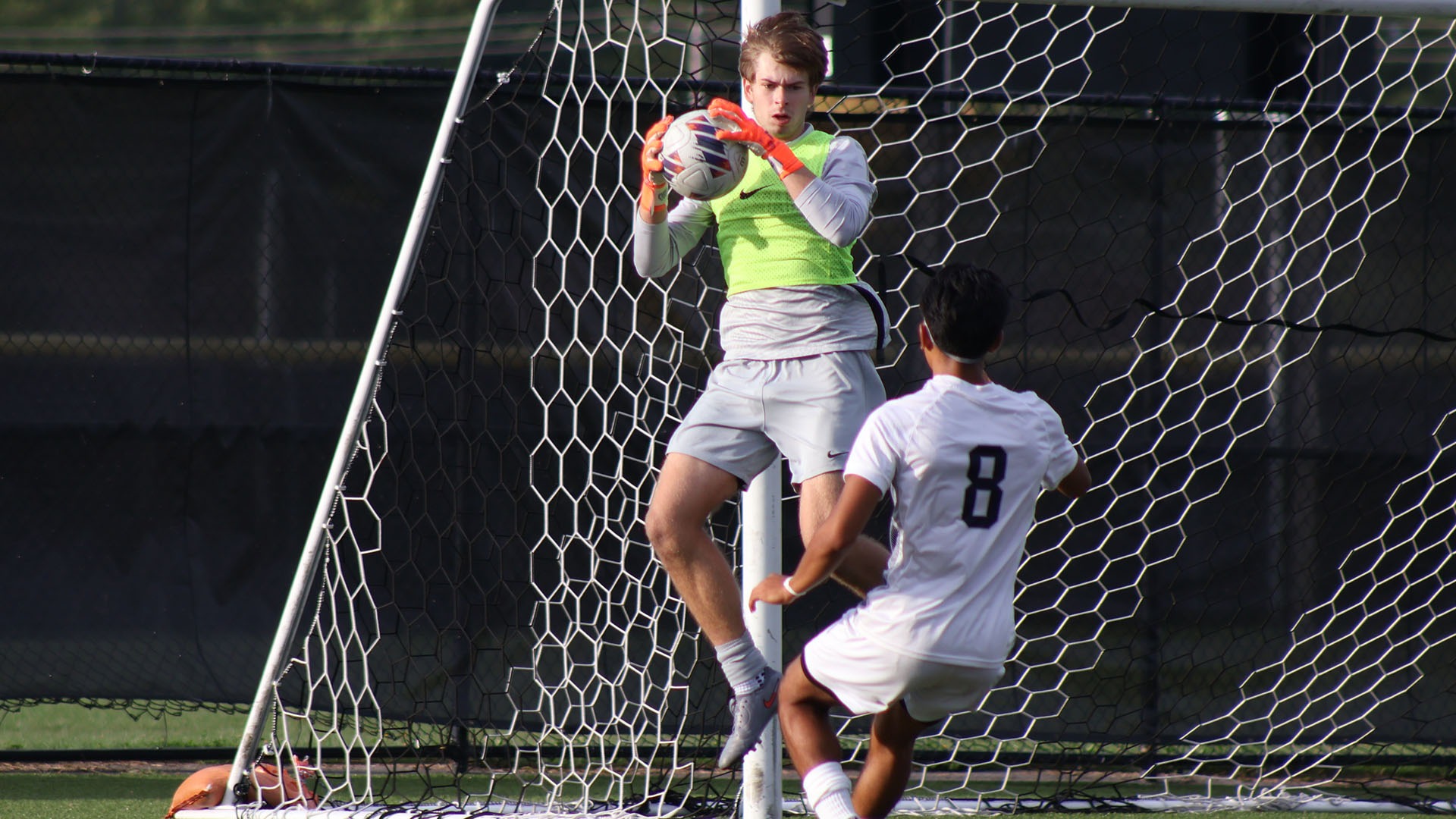 James Kelm makes a save against Baruch College on 9/6/25.