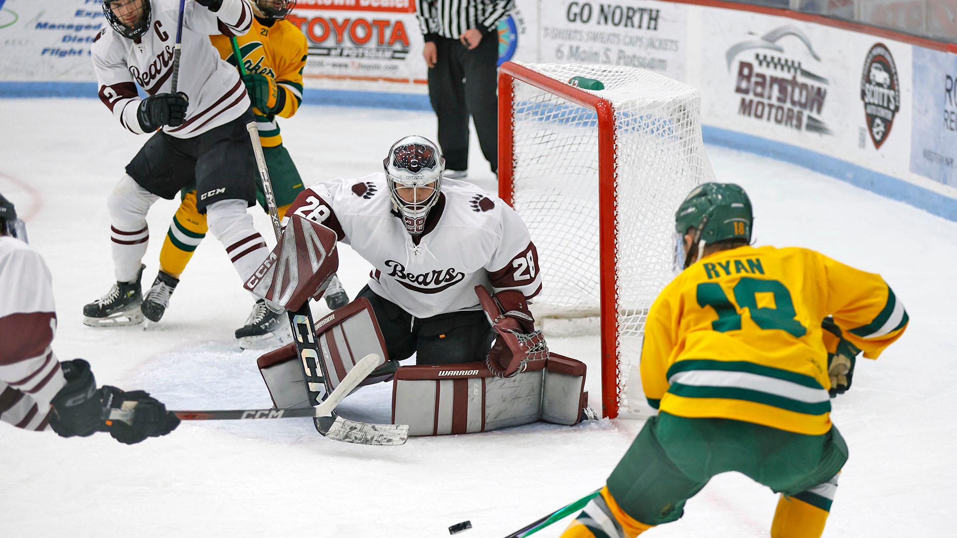 Lenny Perno prepares to make a save against Oswego on 11/22/25.