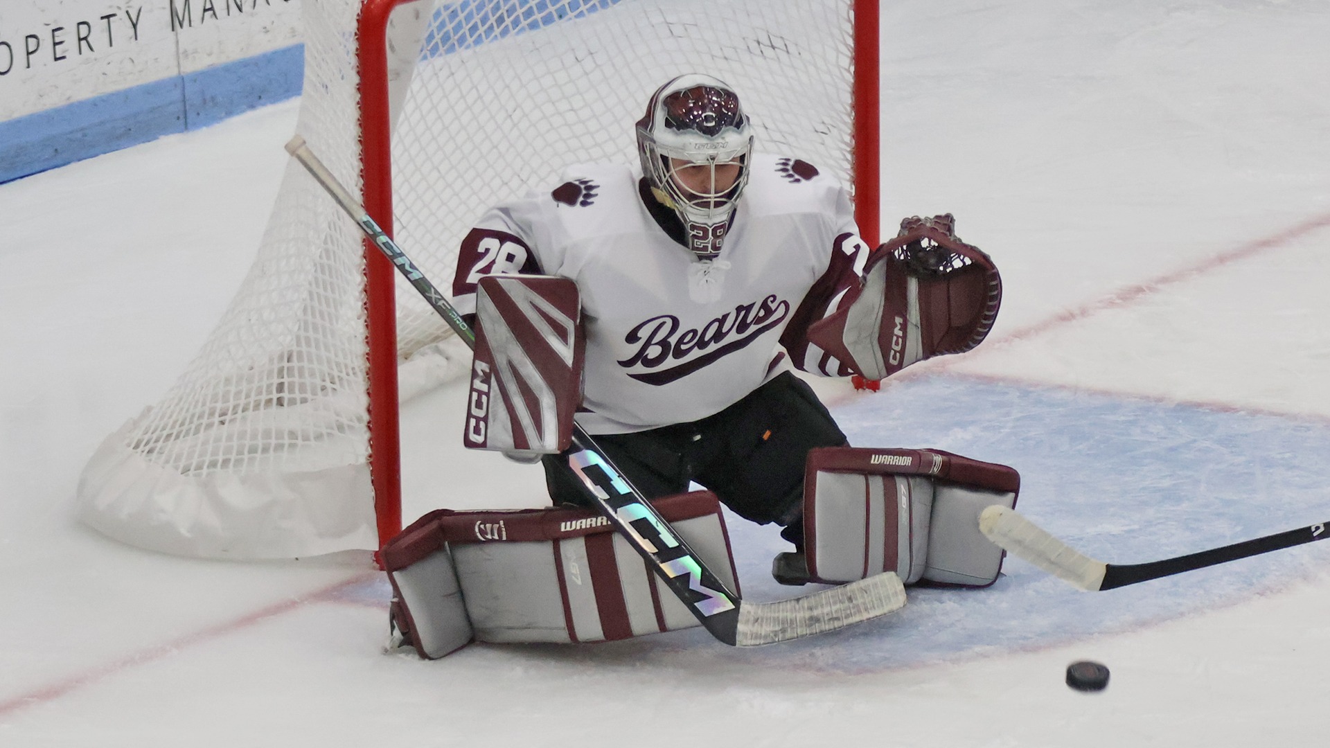 Lenny Perno stops a shot in an exhibition game with Castleton on 10/25/25.
