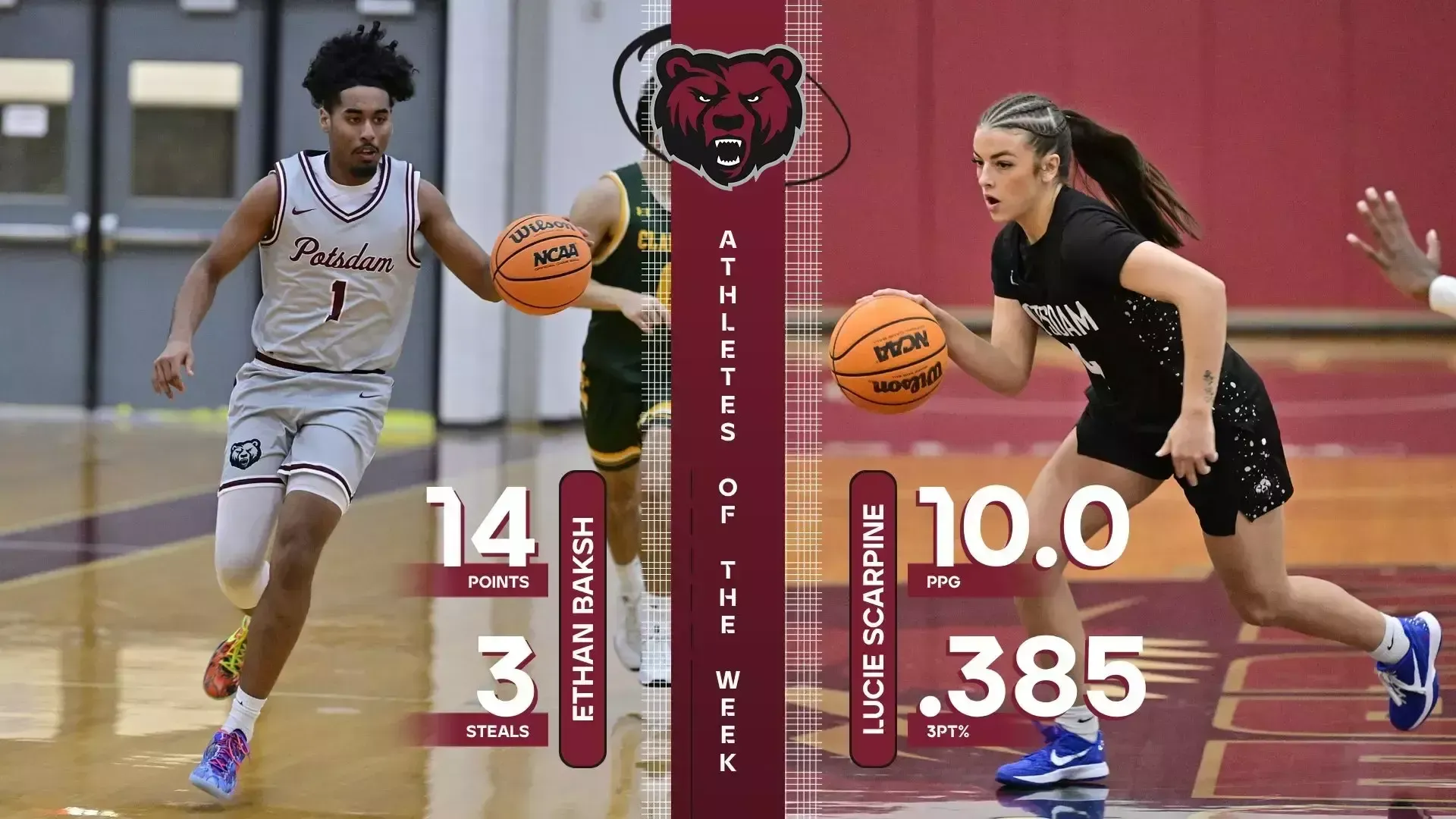 Ethan Baksh and Lucie Scarpine have been named SUNY Potsdam Athletes of the Week.