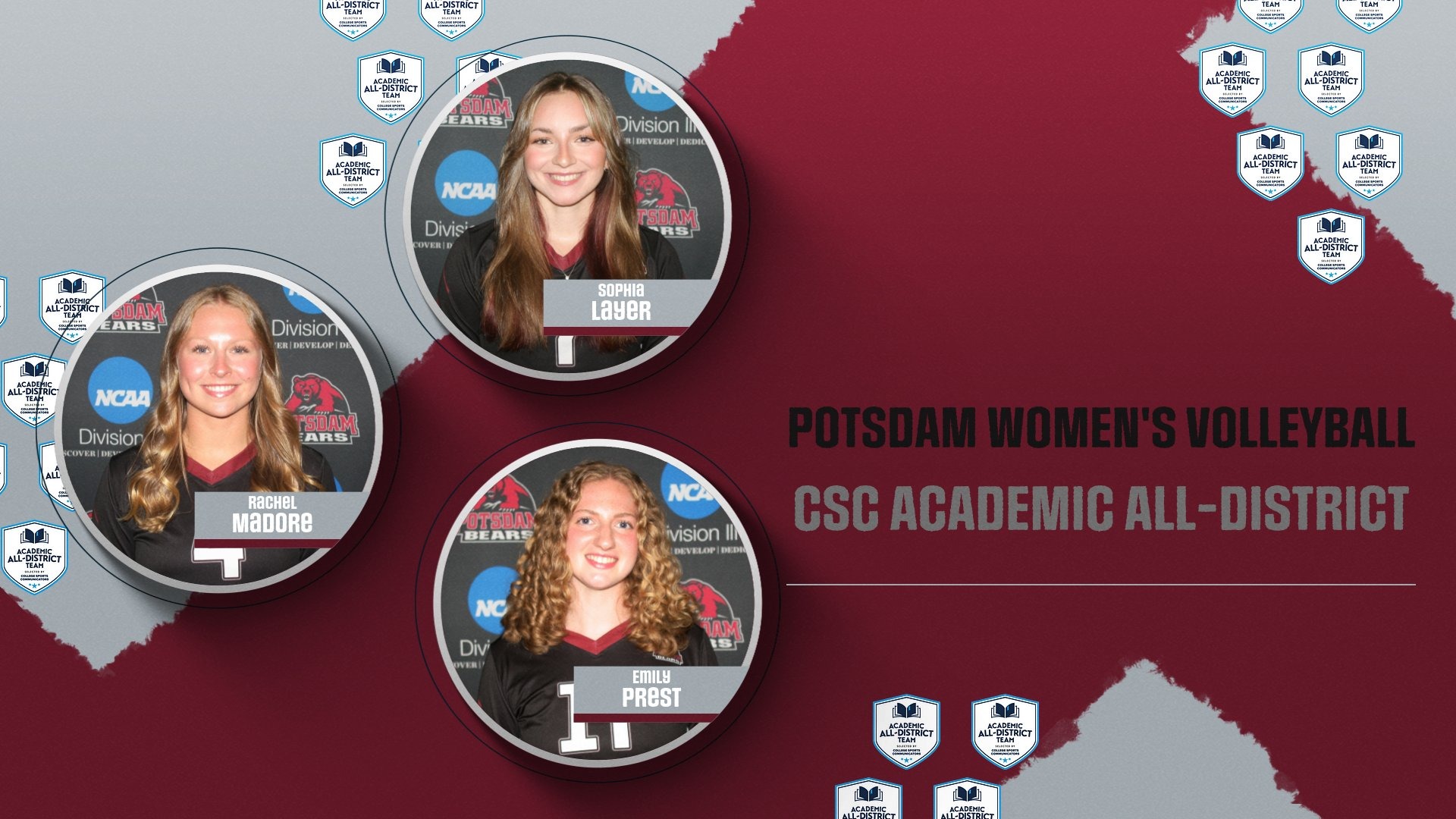 Three Potsdam women's volleyball players have been named to the 2025 CSC Academic All-District Team.