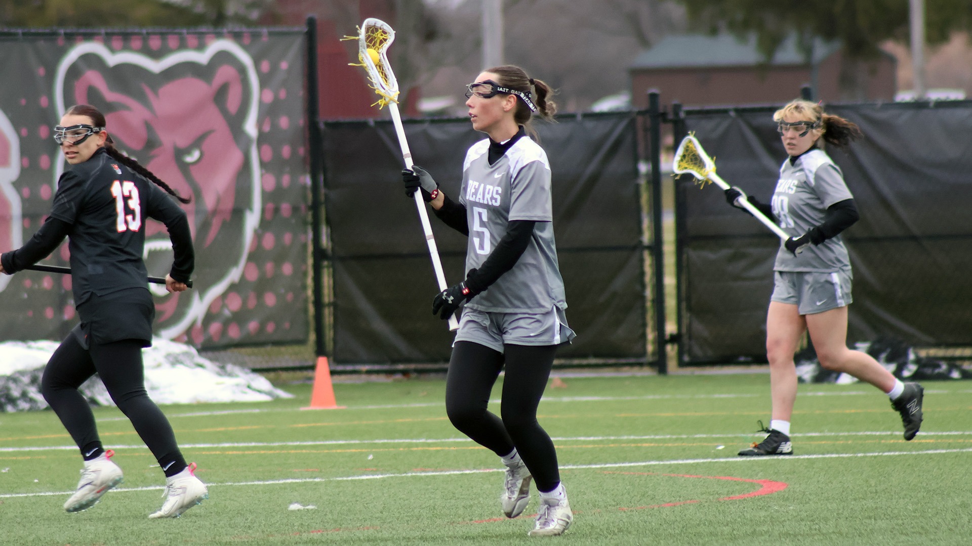 Megan MacWilliams moves the ball up the field against Buffalo State on 4/5/25.