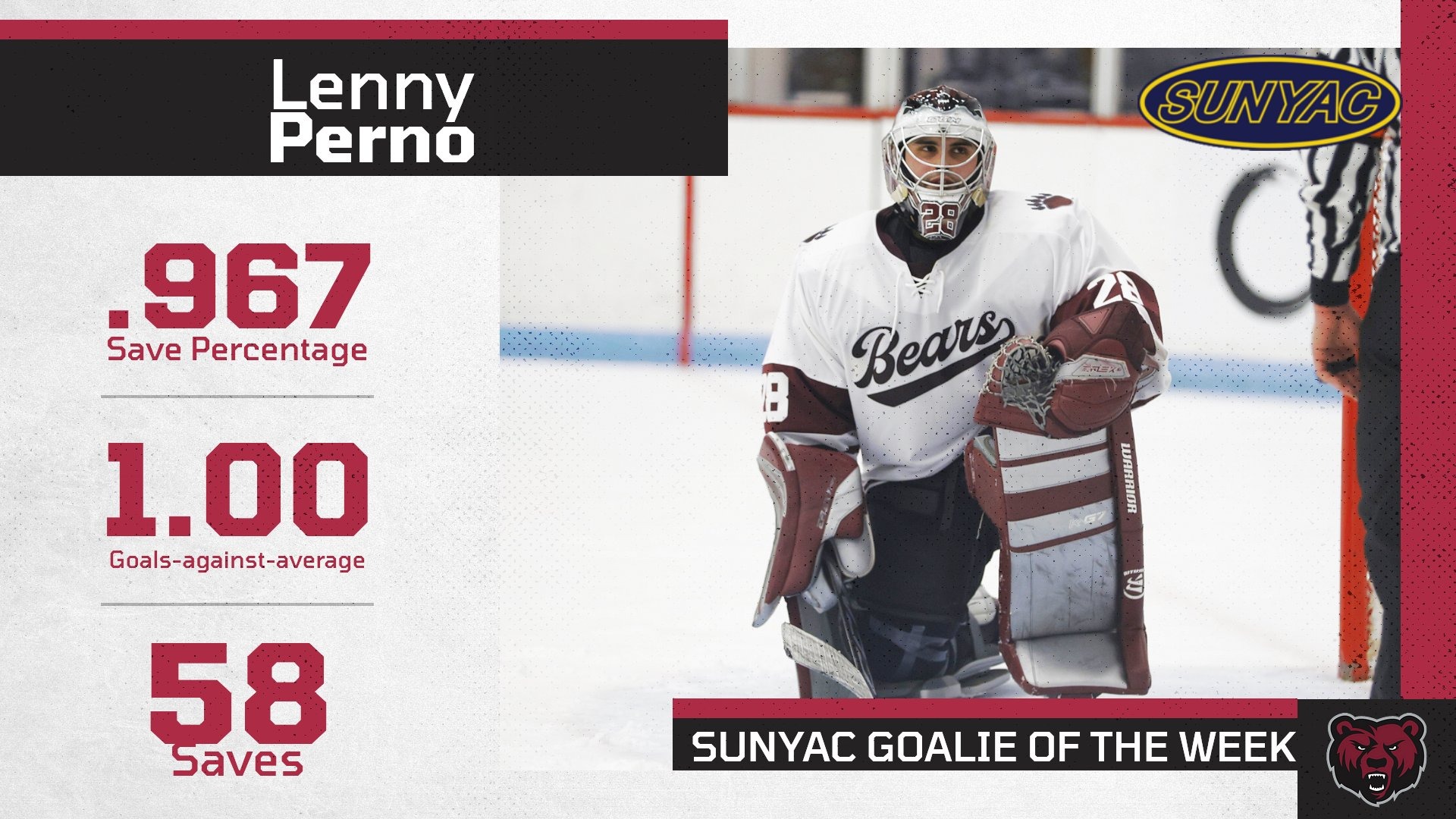 Perno named SUNYAC Goalie of the week - January 5-10, 2026. 