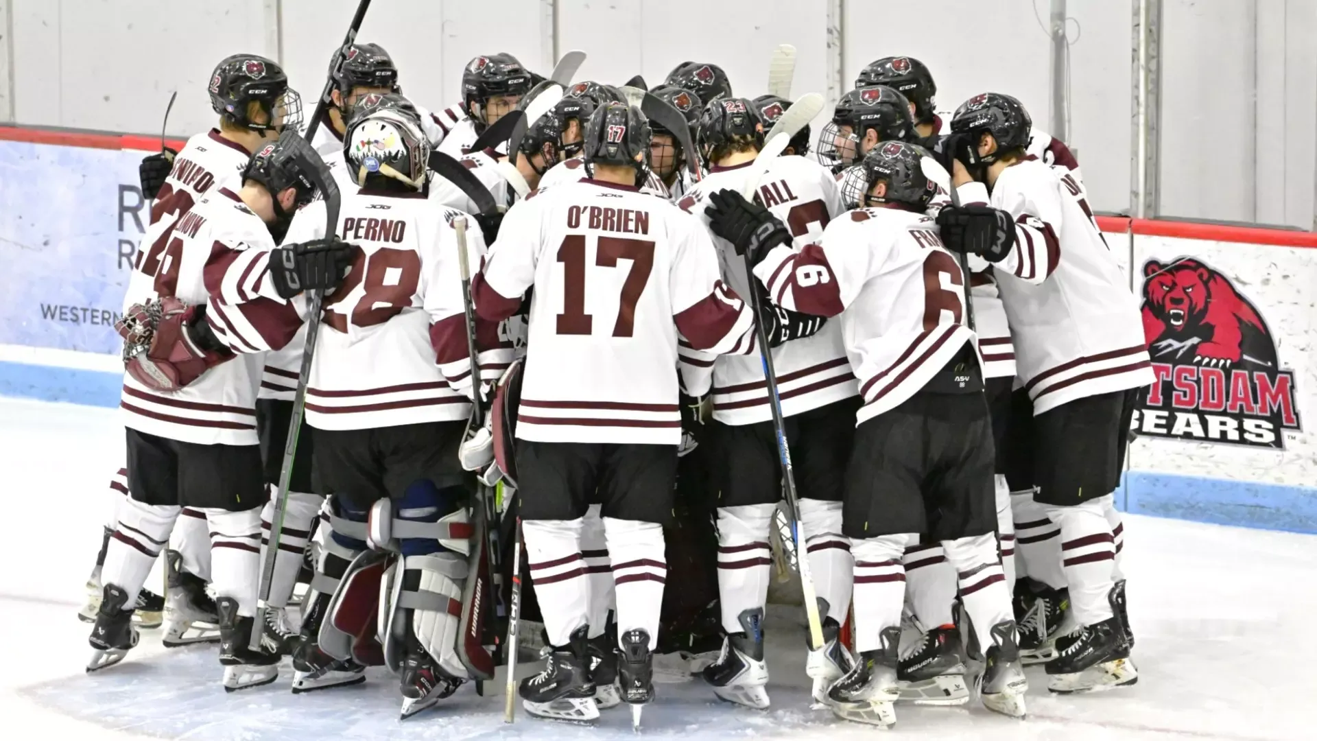 Men's hockey pregame huddle against Canton on November 25, 2025. 