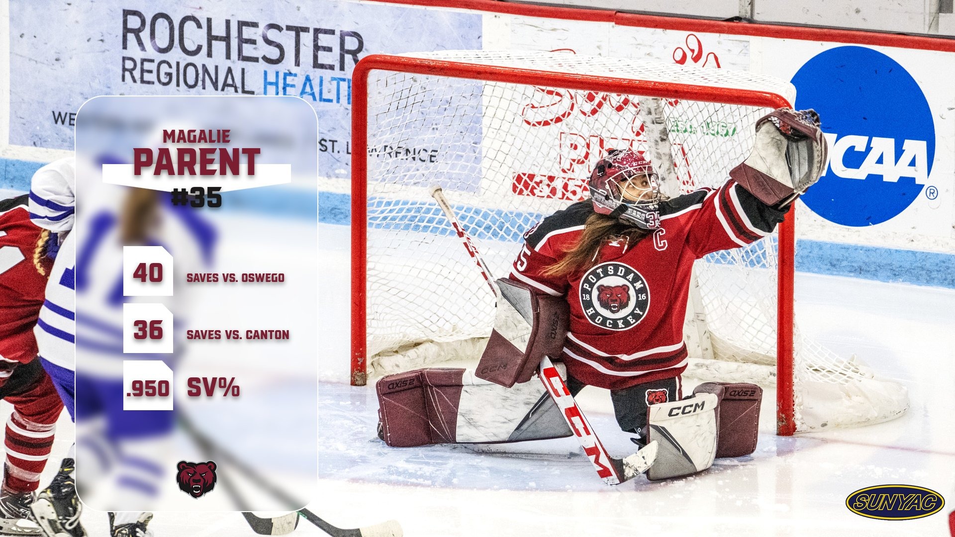 Magalie Parent named SUNYAC Goaltender of the Week - January 19-24, 2026. 