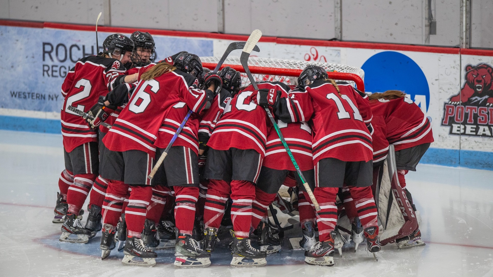 Women's Ice Hockey pregame huddle against Chatham on 01/16/26. 