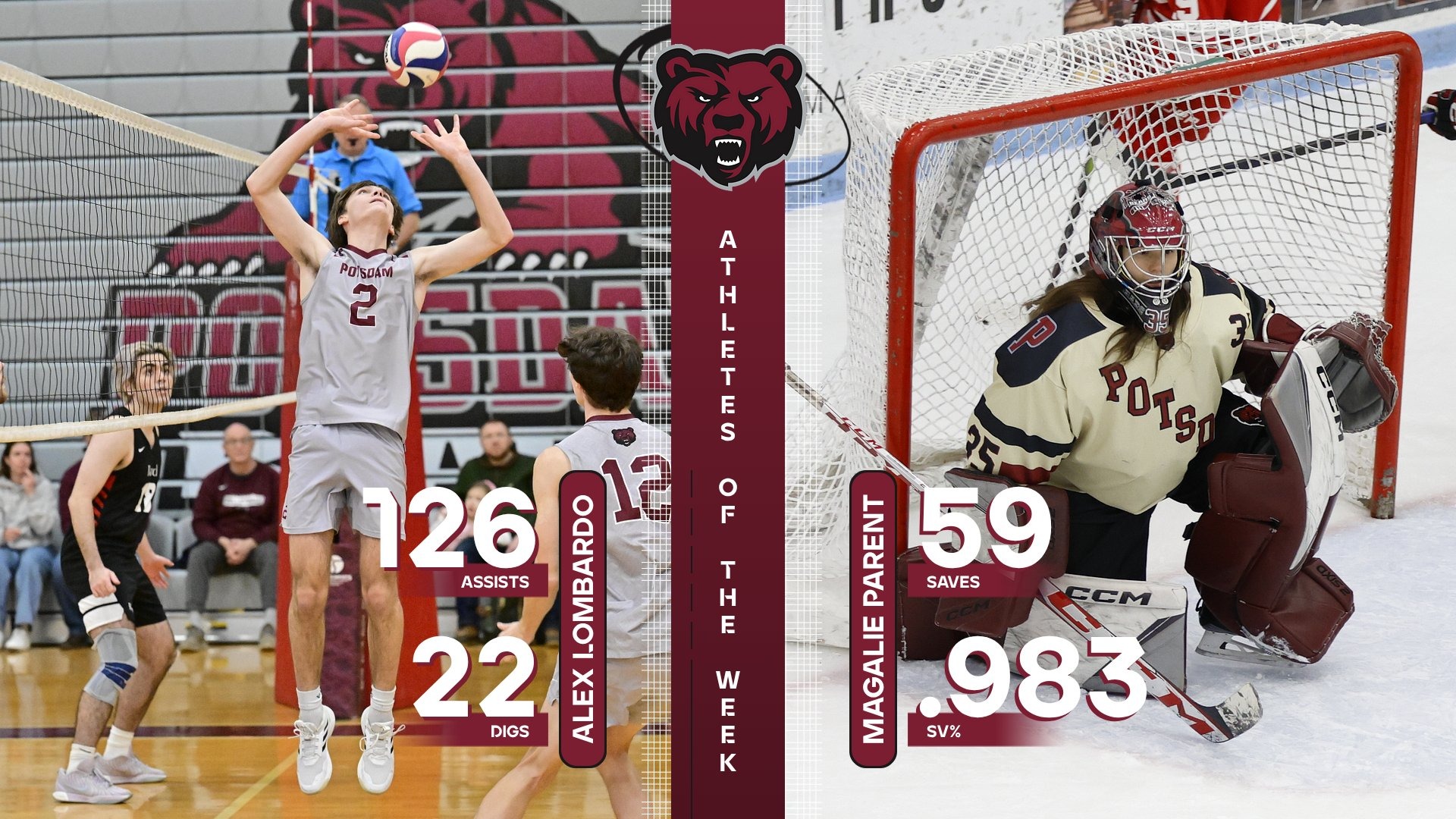 Andrew Lombardo and Magalie Parent are Potsdam Athletes of the Week - February 16-21, 2026. 
