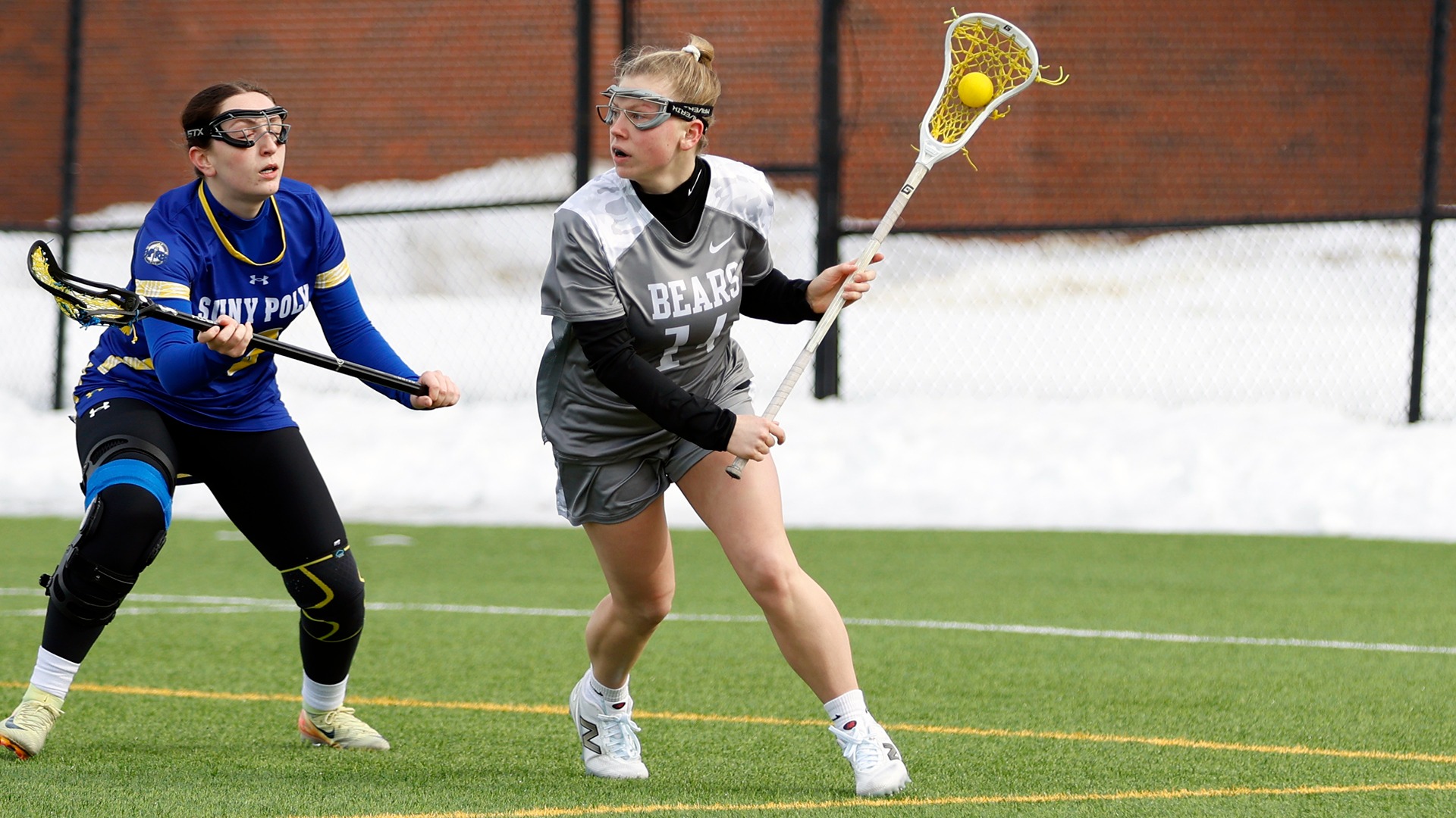 Abby Kraus looks to pass the ball against SUNY Poly on 2/28/26.
