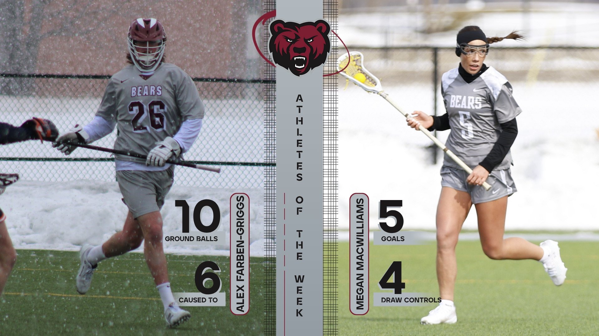 Alex Farben-Griggs and Megan MacWilliams are Bears' Athletes of the Week - February 23-28, 2026. 