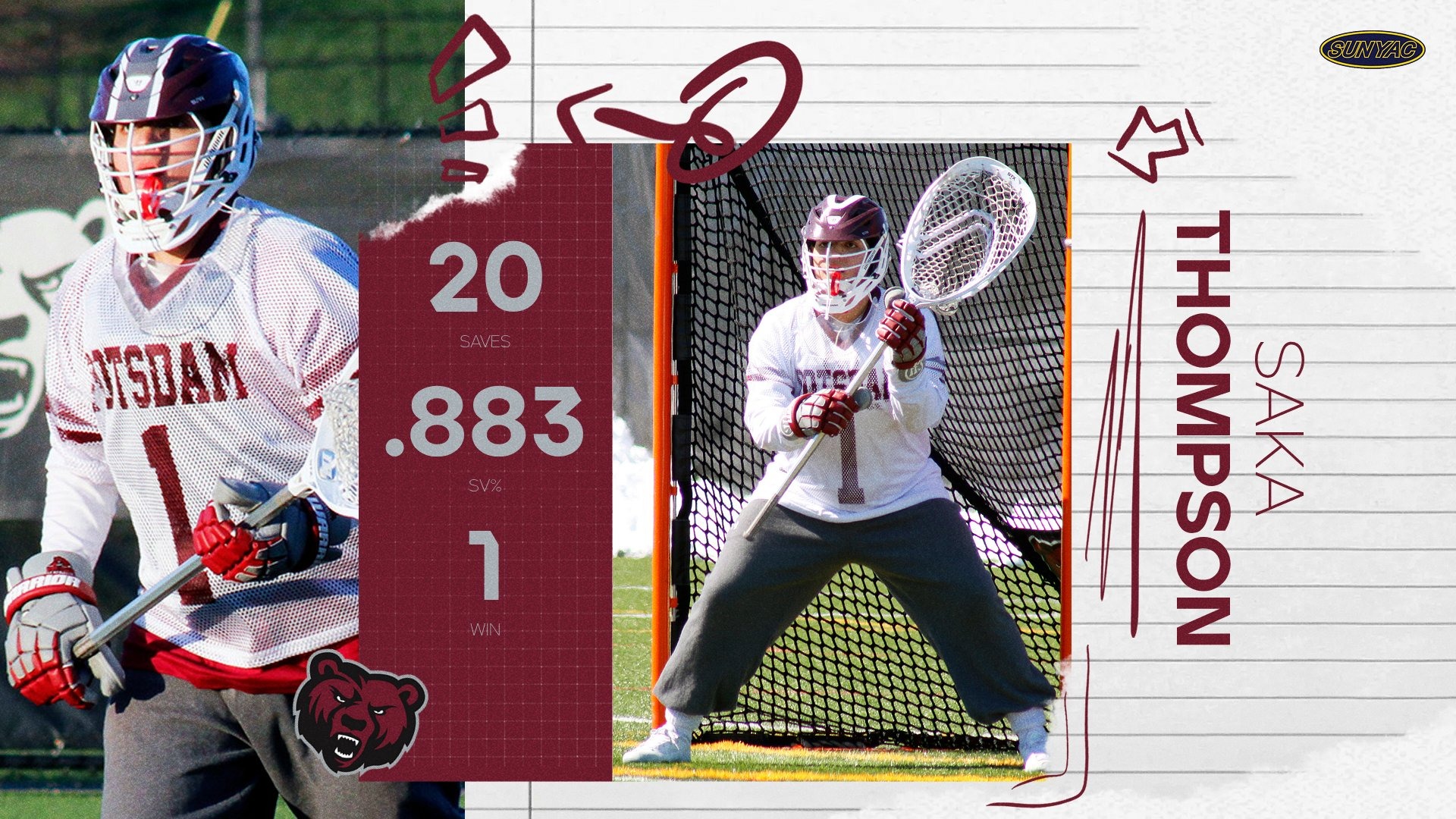 Saka Thompson has been named the SUNYAC Defensive Player of the Week for the week ending March 1, 2026.