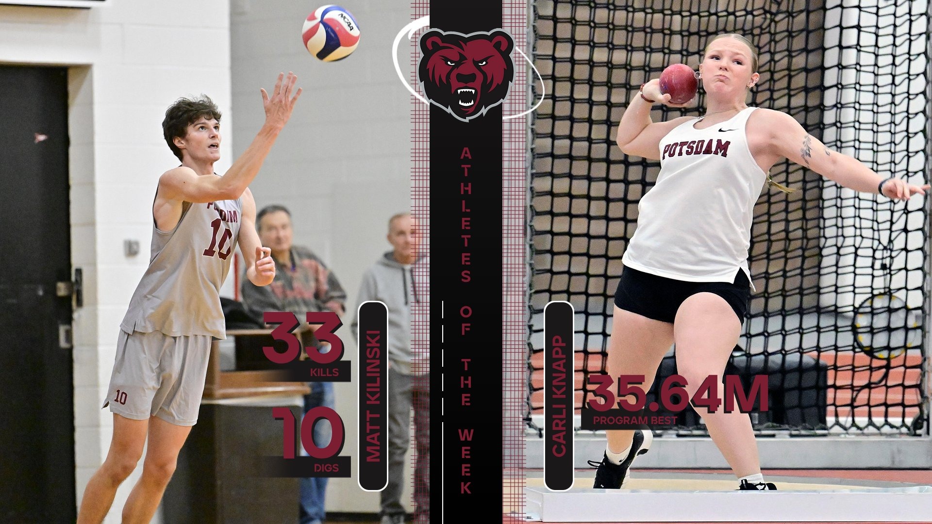 Matt Kilinski, Carli Knapp named Potsdam Athletes of the Week - March 30-April 4, 2026. 