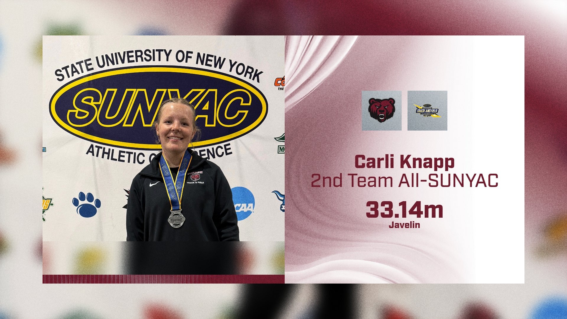 Carli Knapp has earned second team All-SUNYAC honors in the javelin at the 2026 SUNYAC Outdoor Championships.