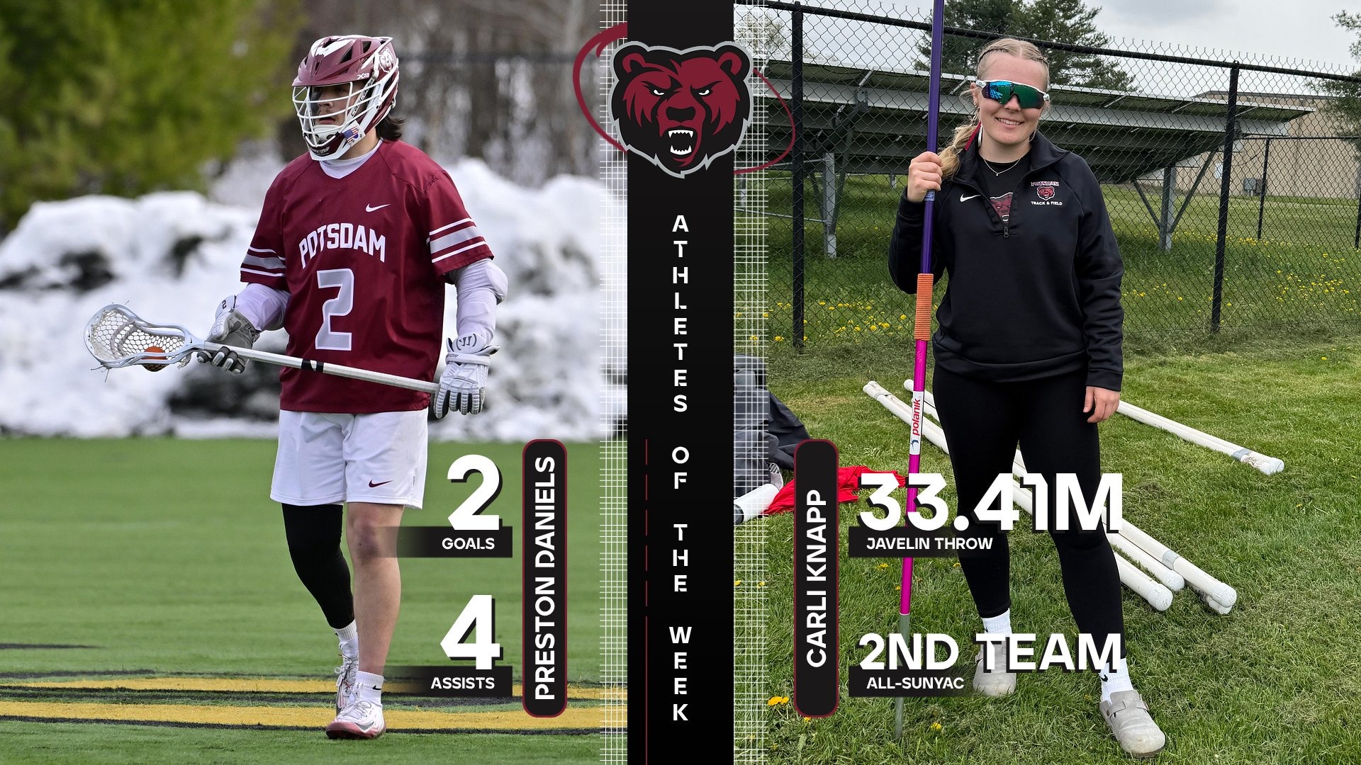 Preston Daniels and Carli Knapp are Potsdam Athletes of the Week - April 27-May 2, 2026. 