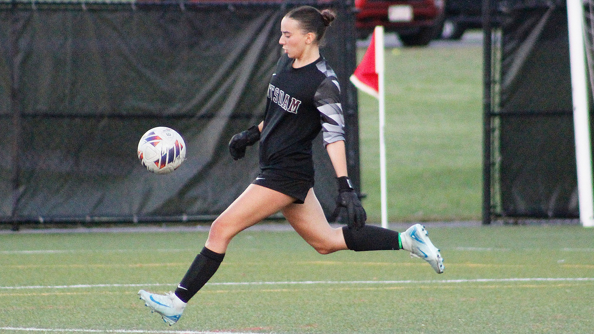 Caroline Vines drives the ball down field against SUNY Poly on 9/4/24.