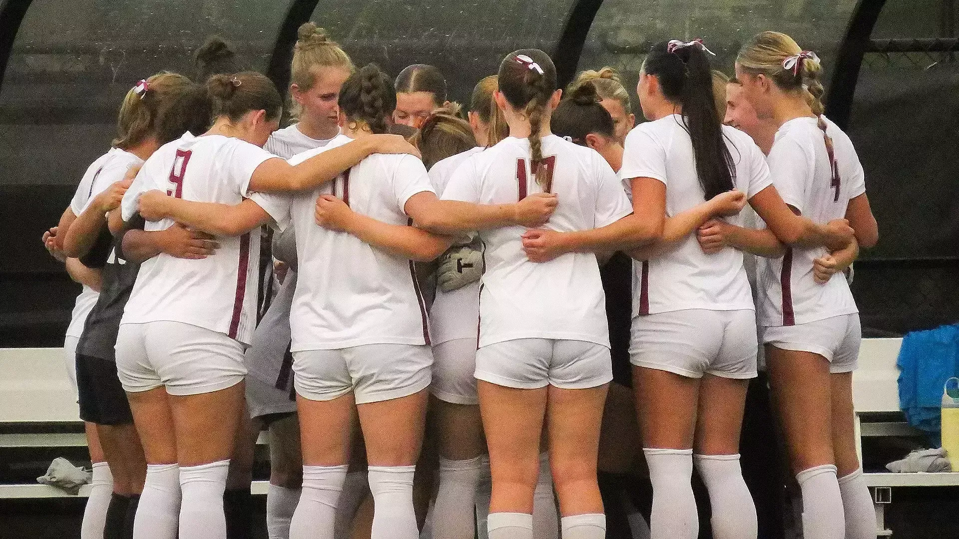 The SUNY Potsdam women's soccer team huddles during a game with Bryant and Stratton on 9/17/26.