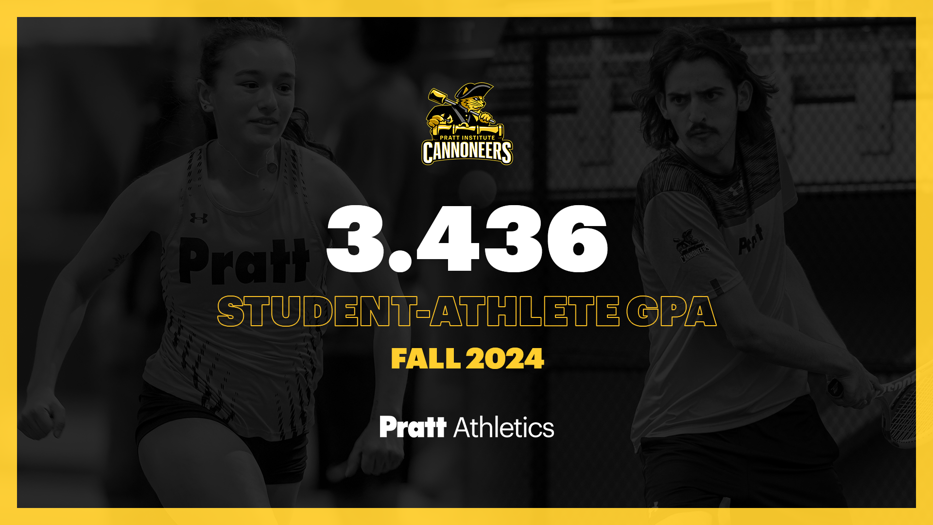 Graphic: Pratt student-athletes achieved 3.436 GPA for Fall 2024 semester. Picture of women's track and field athlete and men's tennis player faded in background.