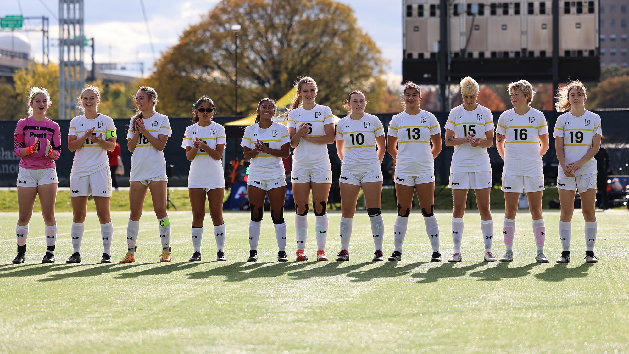 Women's Soccer team lines up for starting lineups before their first home playoff game