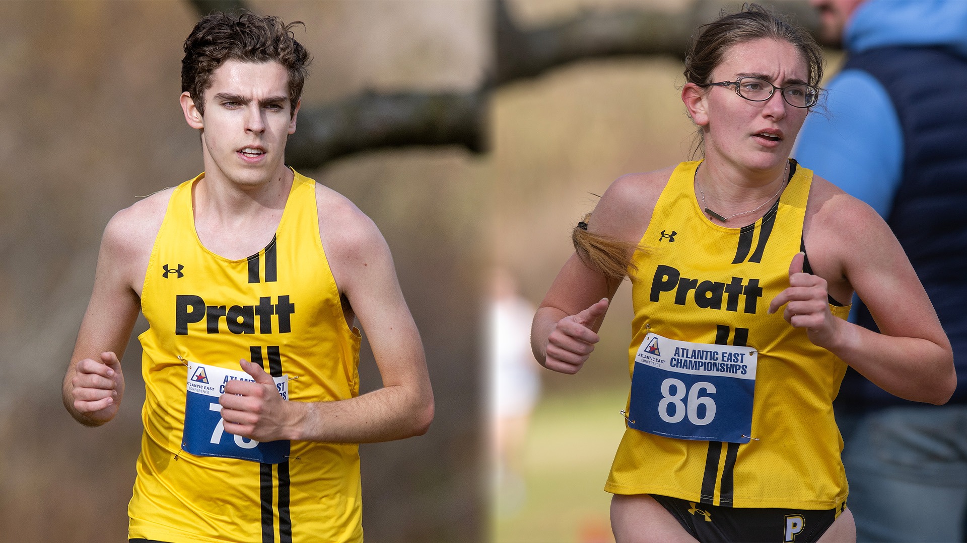 Jackson Brock (l) and Giovanna Lisa (r) run at the 2025 Atlantic East Cross Country Championships