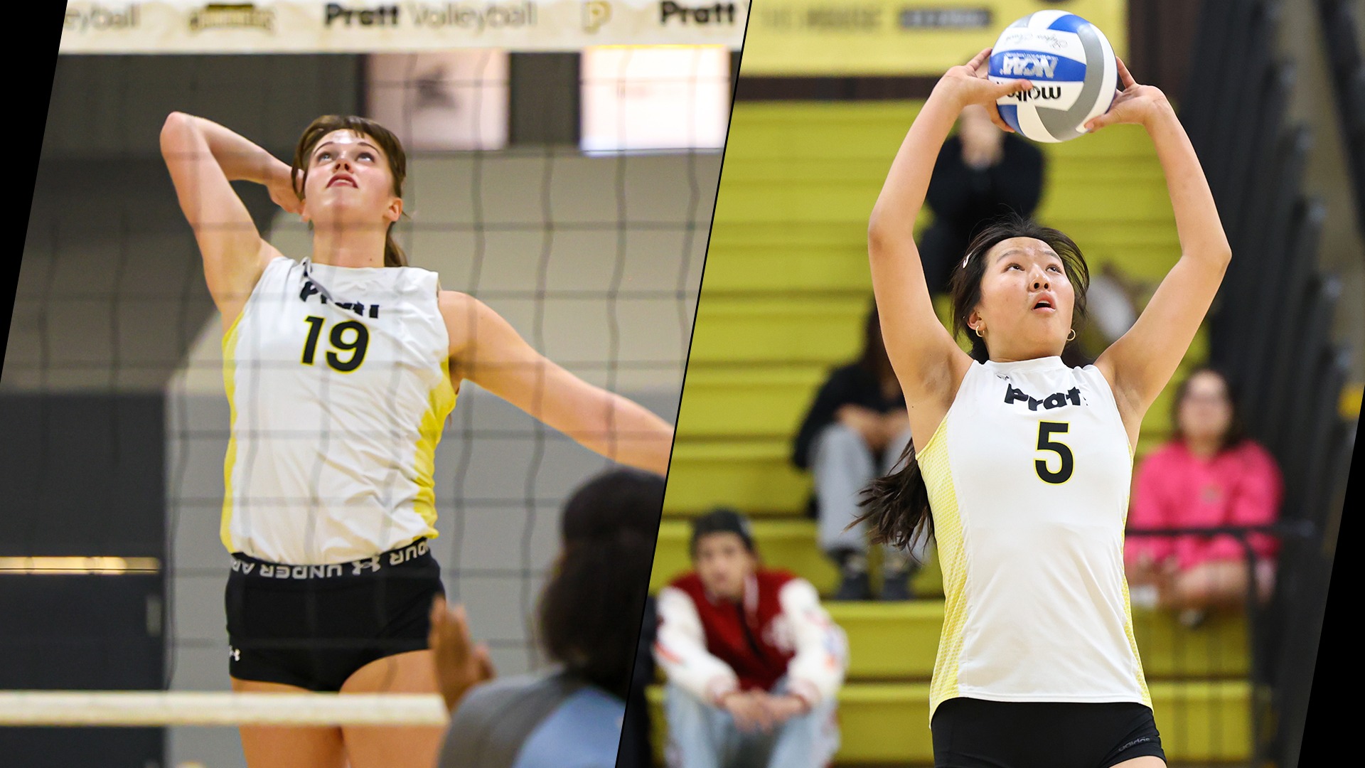 Colleen Russell (left) jumps for a spike at the net and Emma Hwang (right) sets the ball 