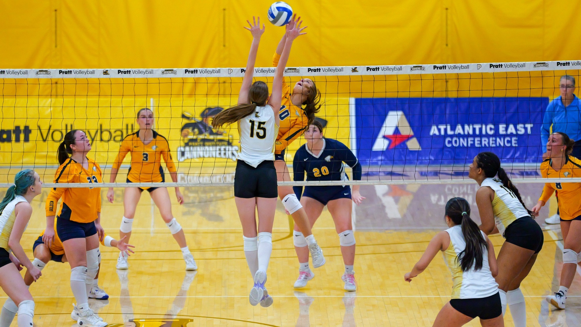 Joanna Doyle jumps to block a St. Joseph's attacker.