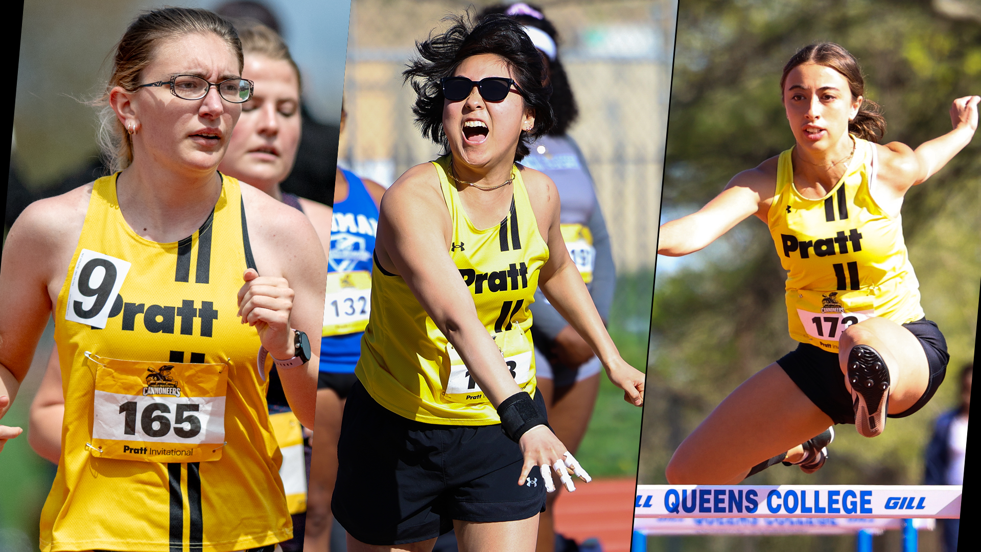 (left to right) Giovanna Lisa running in the 400 meter, Hannah Kim thowing a shot put, Brook Schreffler jumping over a hurdle
