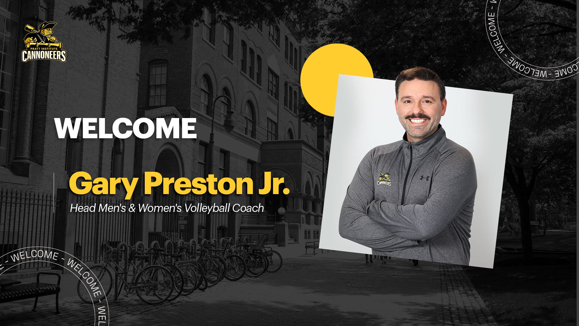 Graphic with headshot of Gary Preston Jr introducing his hiring as Head Men's and Women's Volleyball Coach