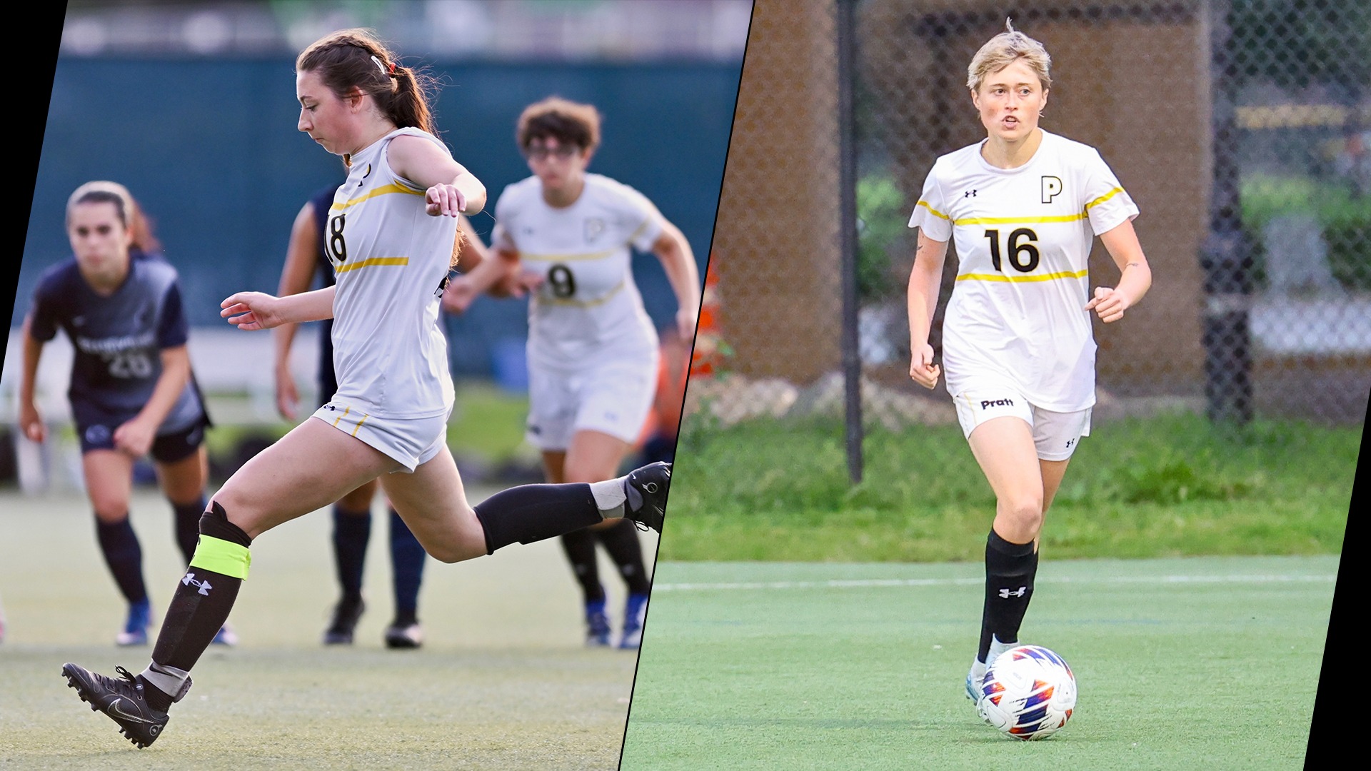 Emma Pratt (left) takes a penalty kick, Josey Kanach (right) looks to pass from the defensive end.