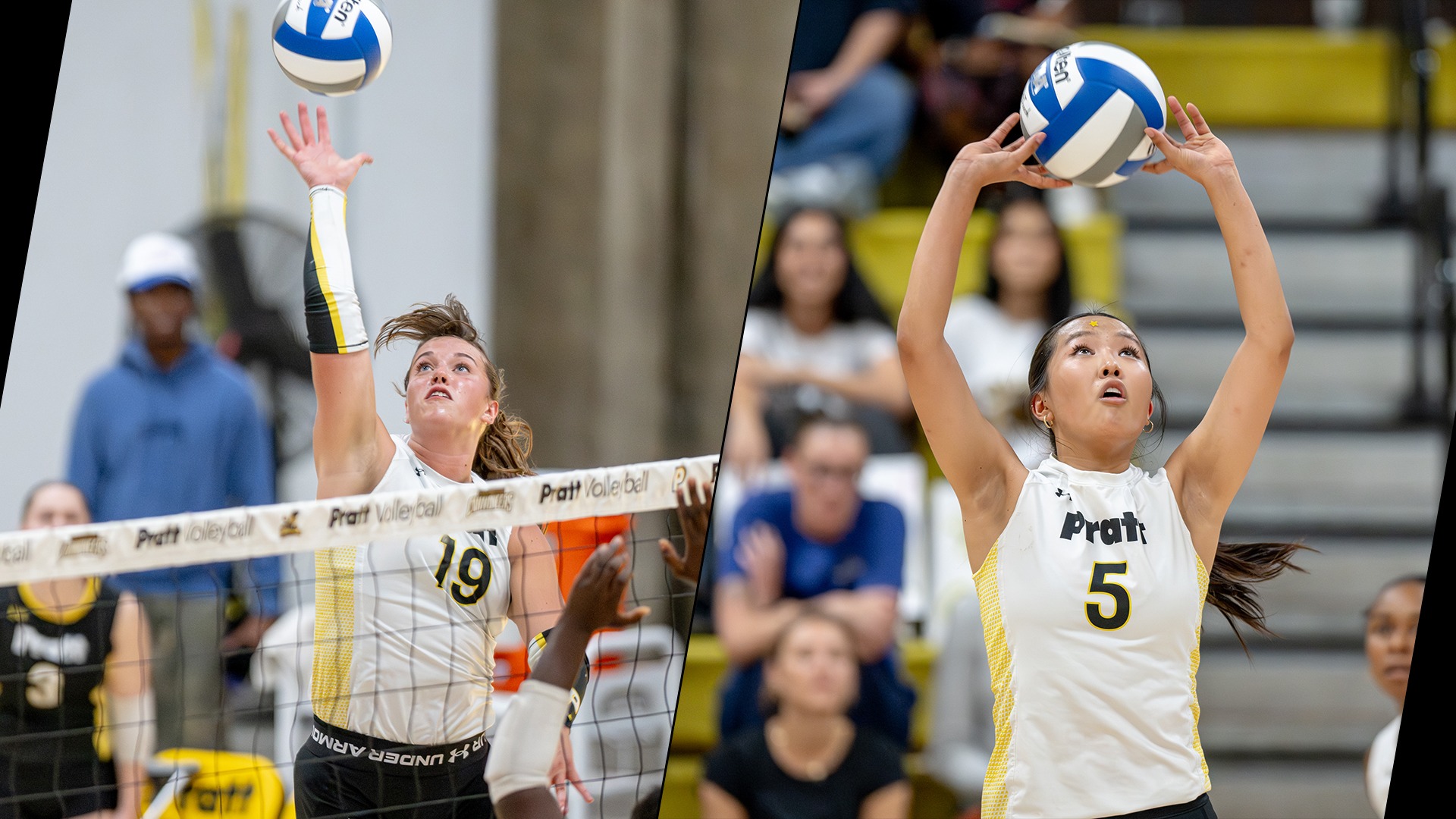 Collen Russell attempts a spike (left) and Emma Hwang sets a ball (right)