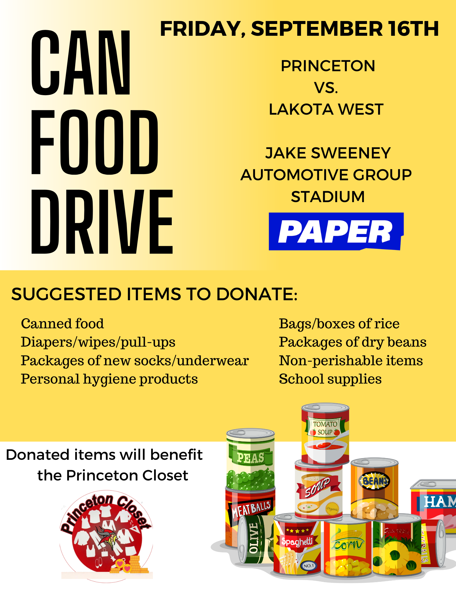 Canned Food Drive at Friday's Football Game Princeton Vikings