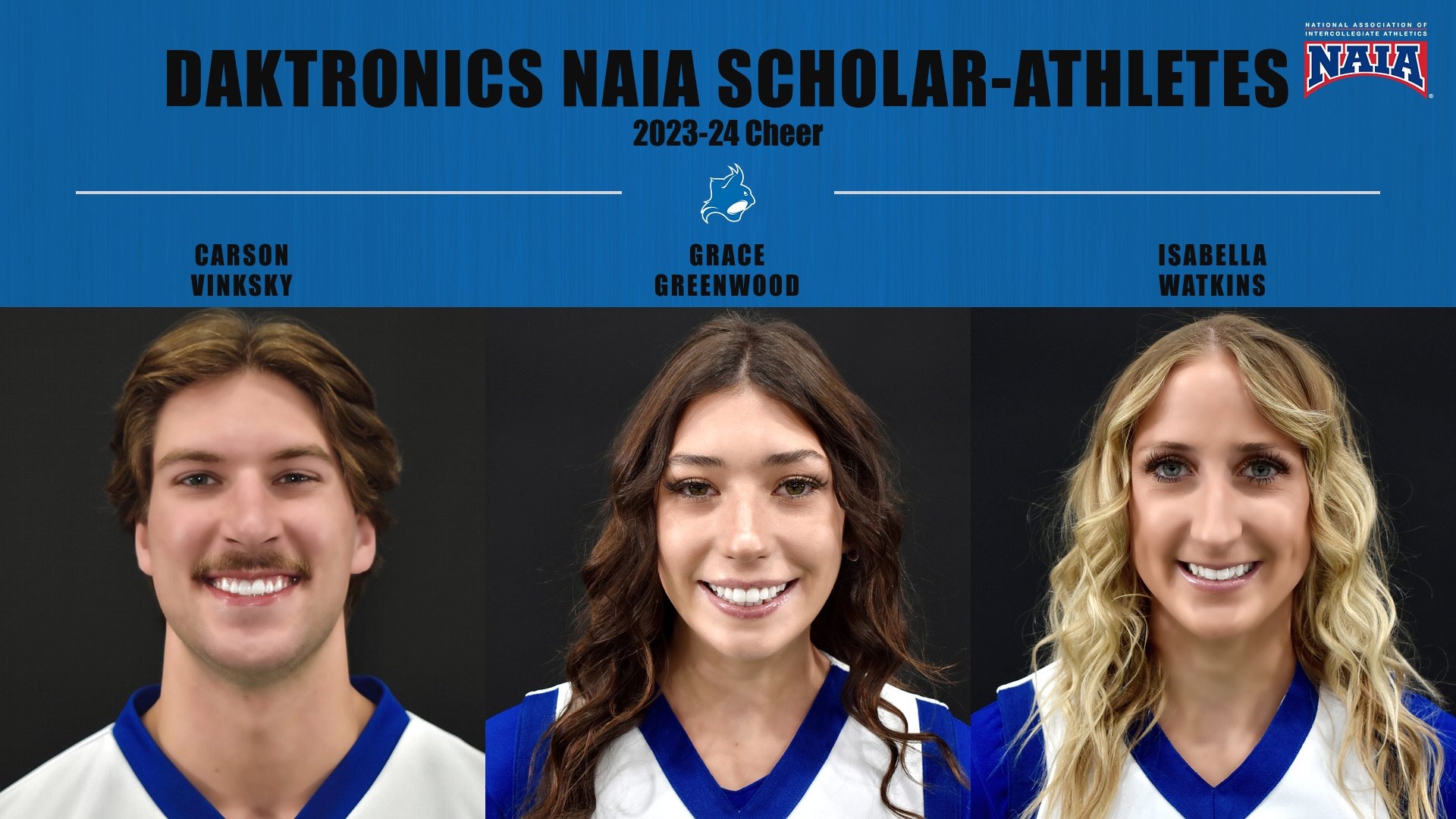 Daktronics NAIA scholar-athletes 2023-24 cheer Carson Vinksky, Grace Greenwood and Isabella Watkins