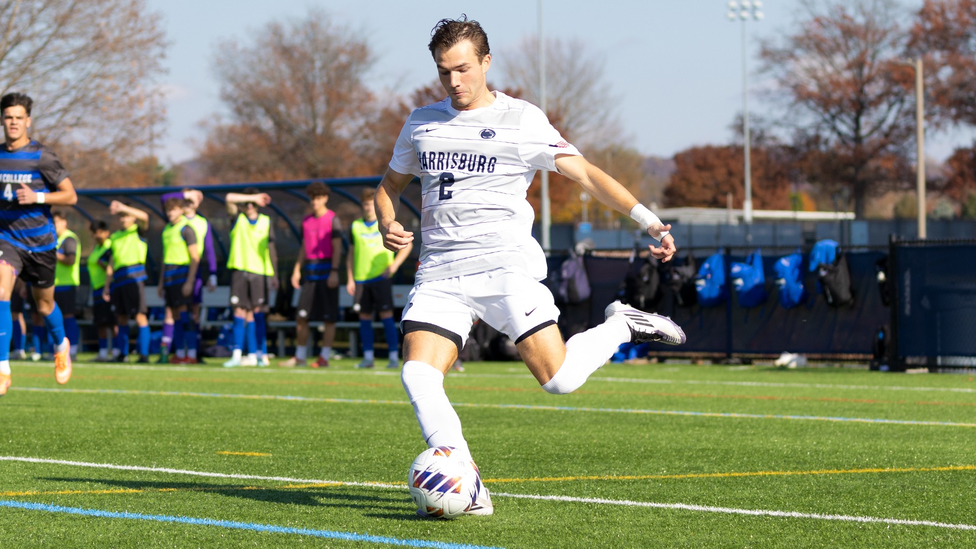 dillon gough attempts a free kick during a win over penn college in the 2025 united east championship game