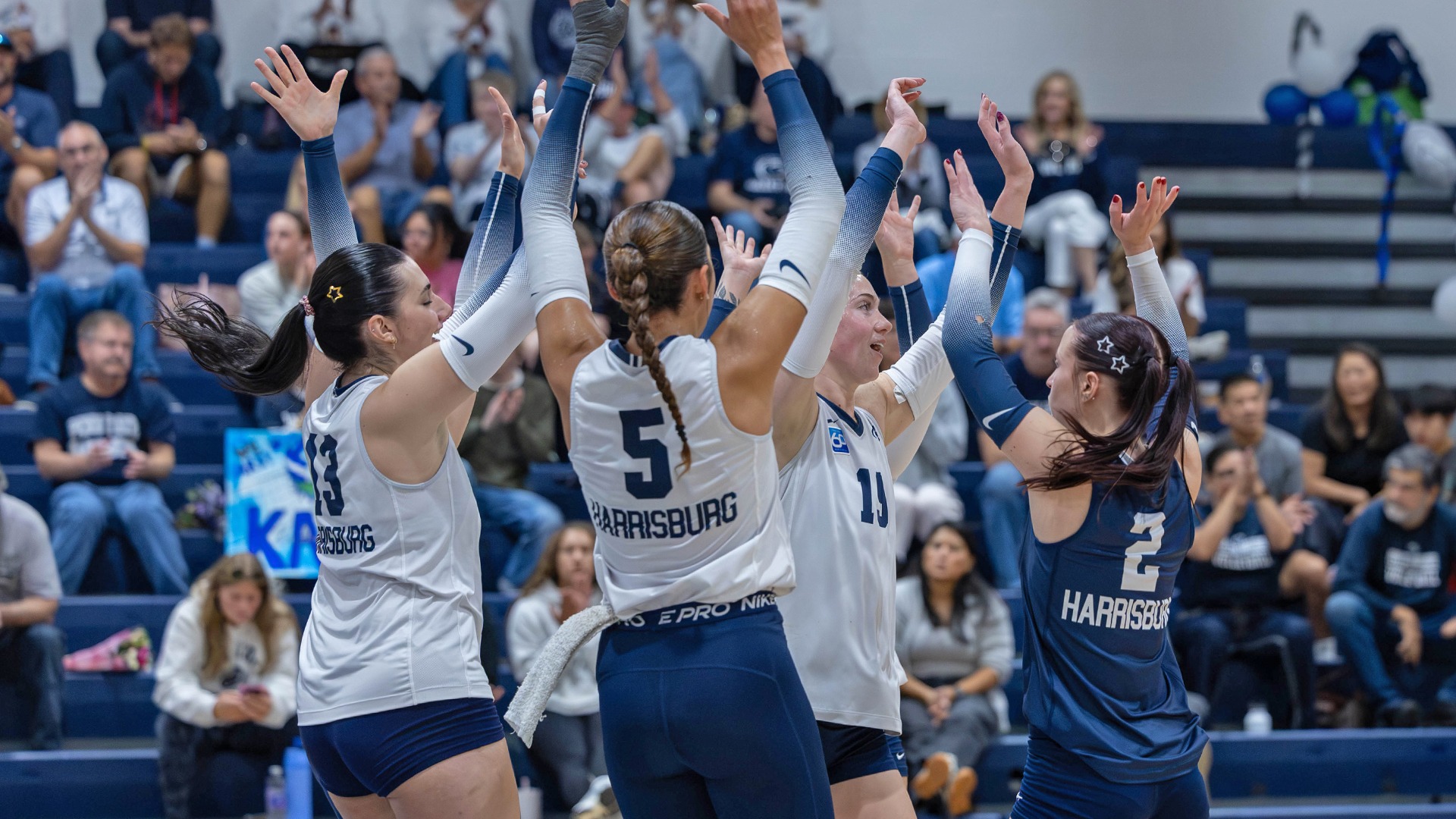 penn state harrisburg volleyball players celebrate after scoring a point during a win over cairn in 2026