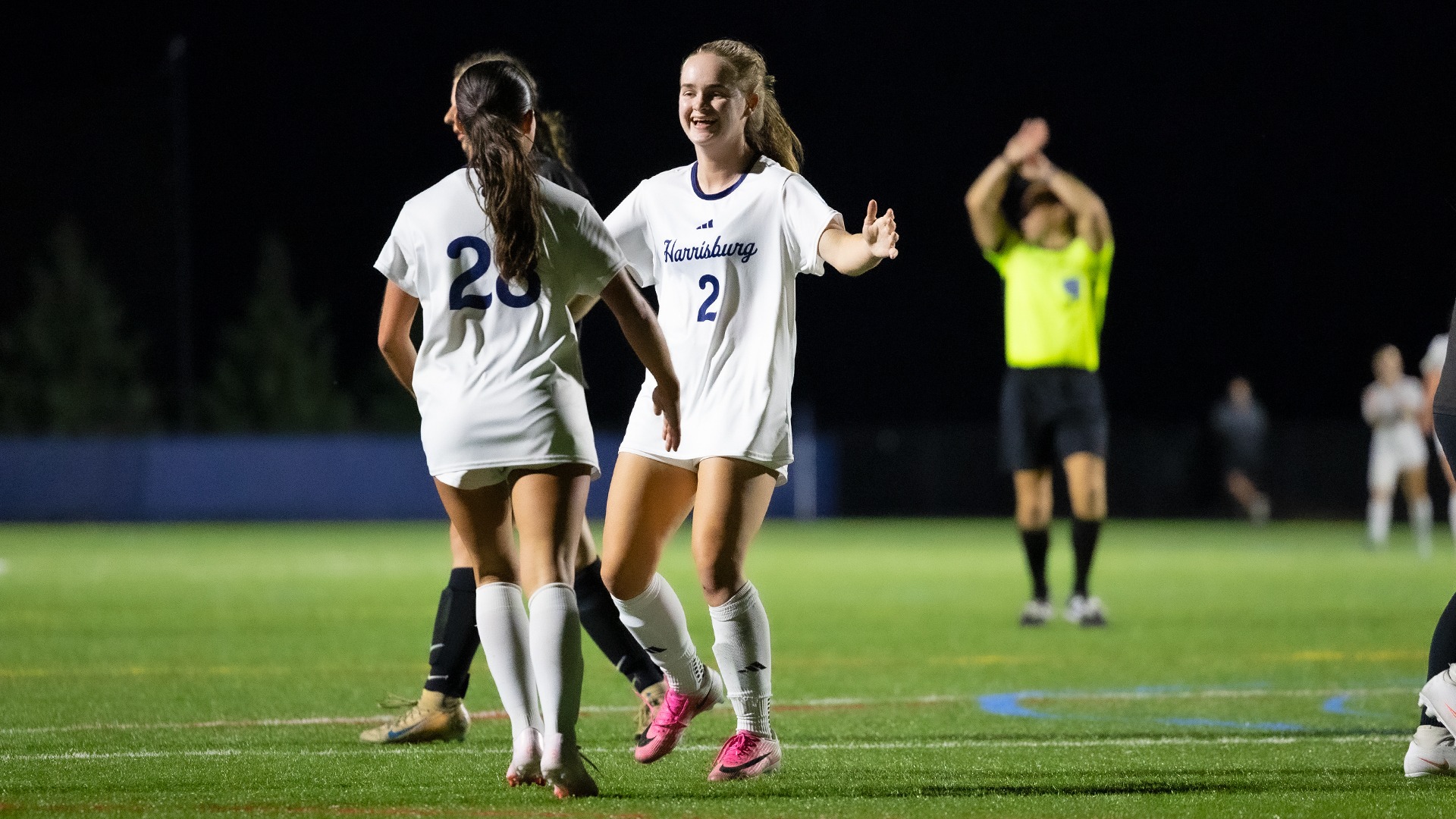 abigail mahaffey celebrates with olivia sgrignioli after scoring a goal in a win over penn college in 2026